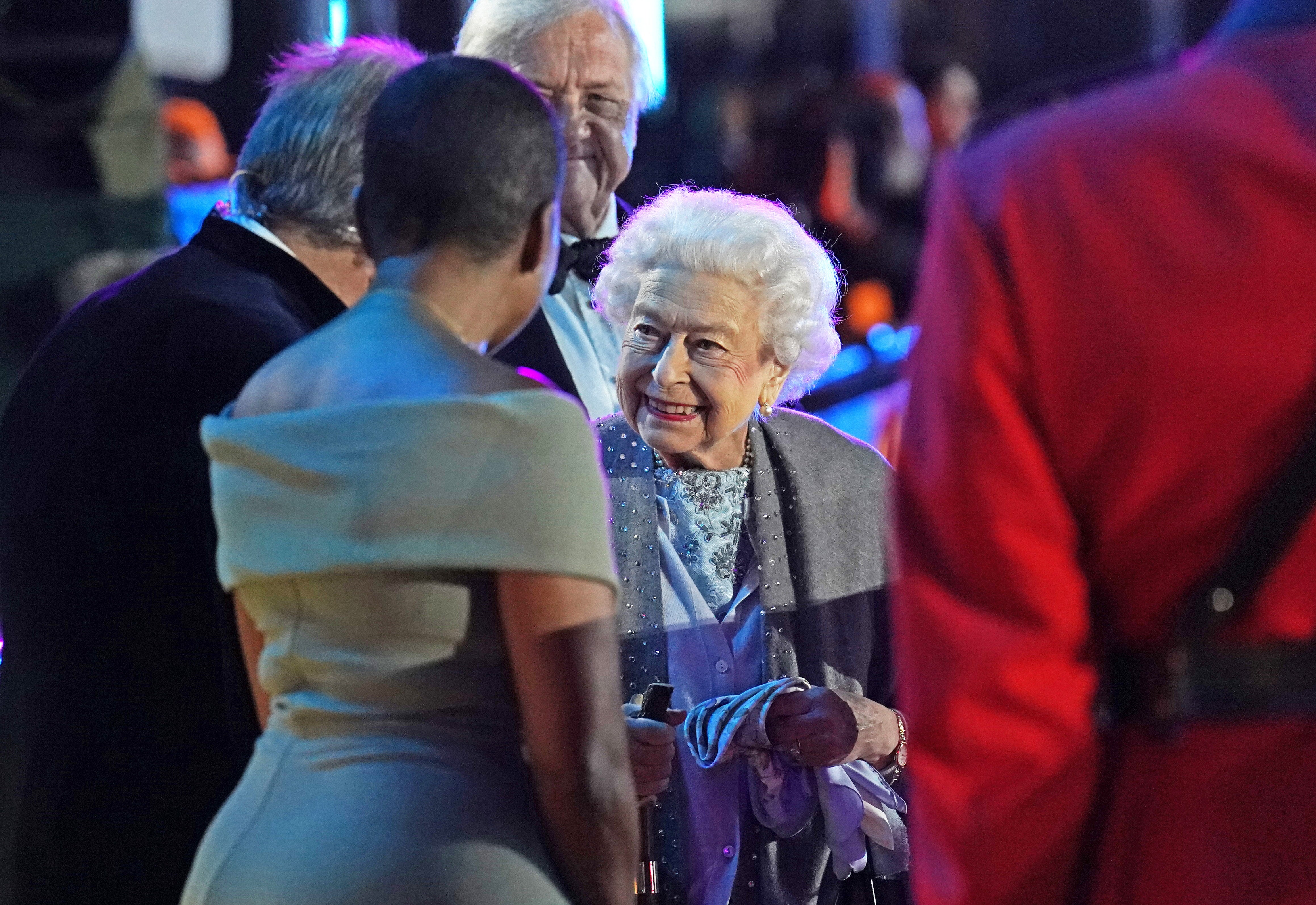 The Queen meets Alan Tichmarsh and Adjoa Andoh (left) as she departs following the A Gallop Through History Platinum Jubilee celebration at the Royal Windsor Horse Show (Steve Parsons/PA)