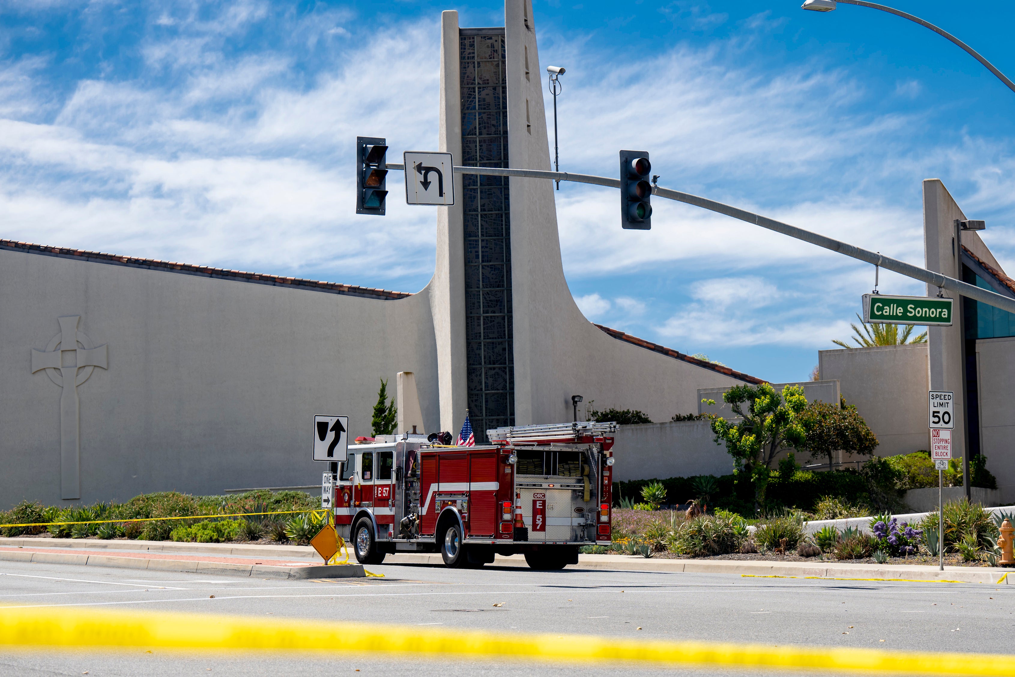 A firetruck is parked in front of Geneva Presbyterian Church on 15 May.