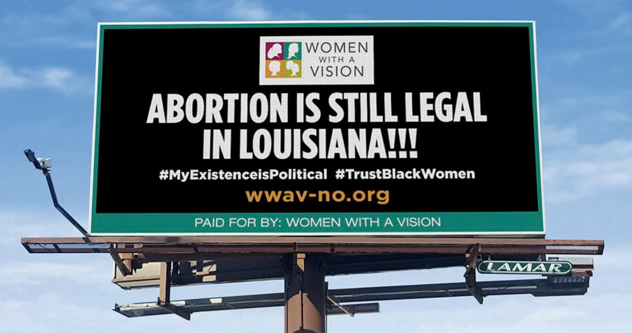 Reproductive justice organisation Women with a Vision created billboards in Louisiana following the leaked draft US Supreme Court opinion to overturn Roe v Wade.