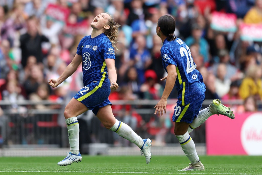 Cuthbert celebrates her goal with Chelsea’s Sam Kerr