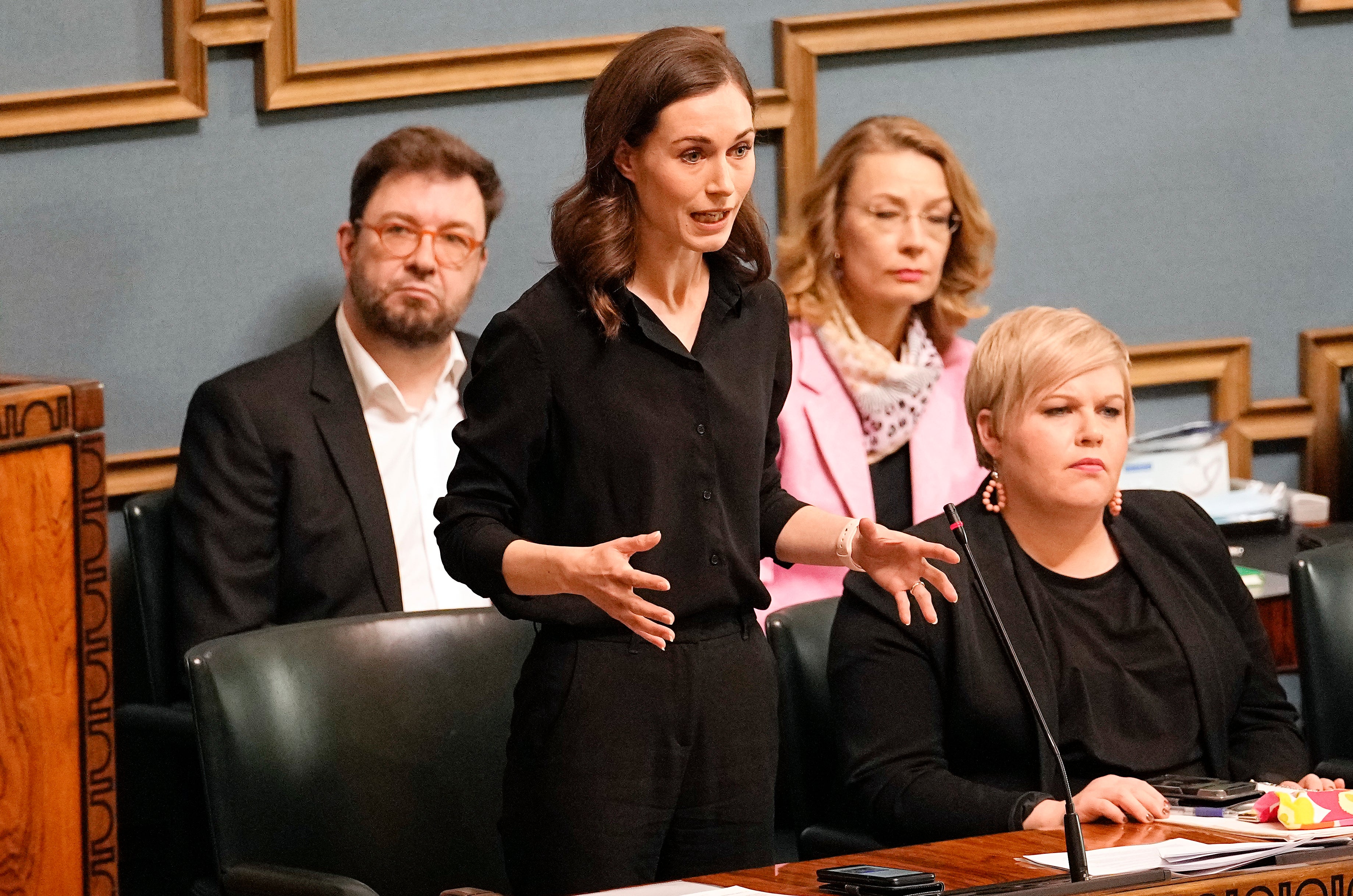 Prime minister of Finland Sanna Marin talks at the Finnish Parliament in Helsinki on 16 May