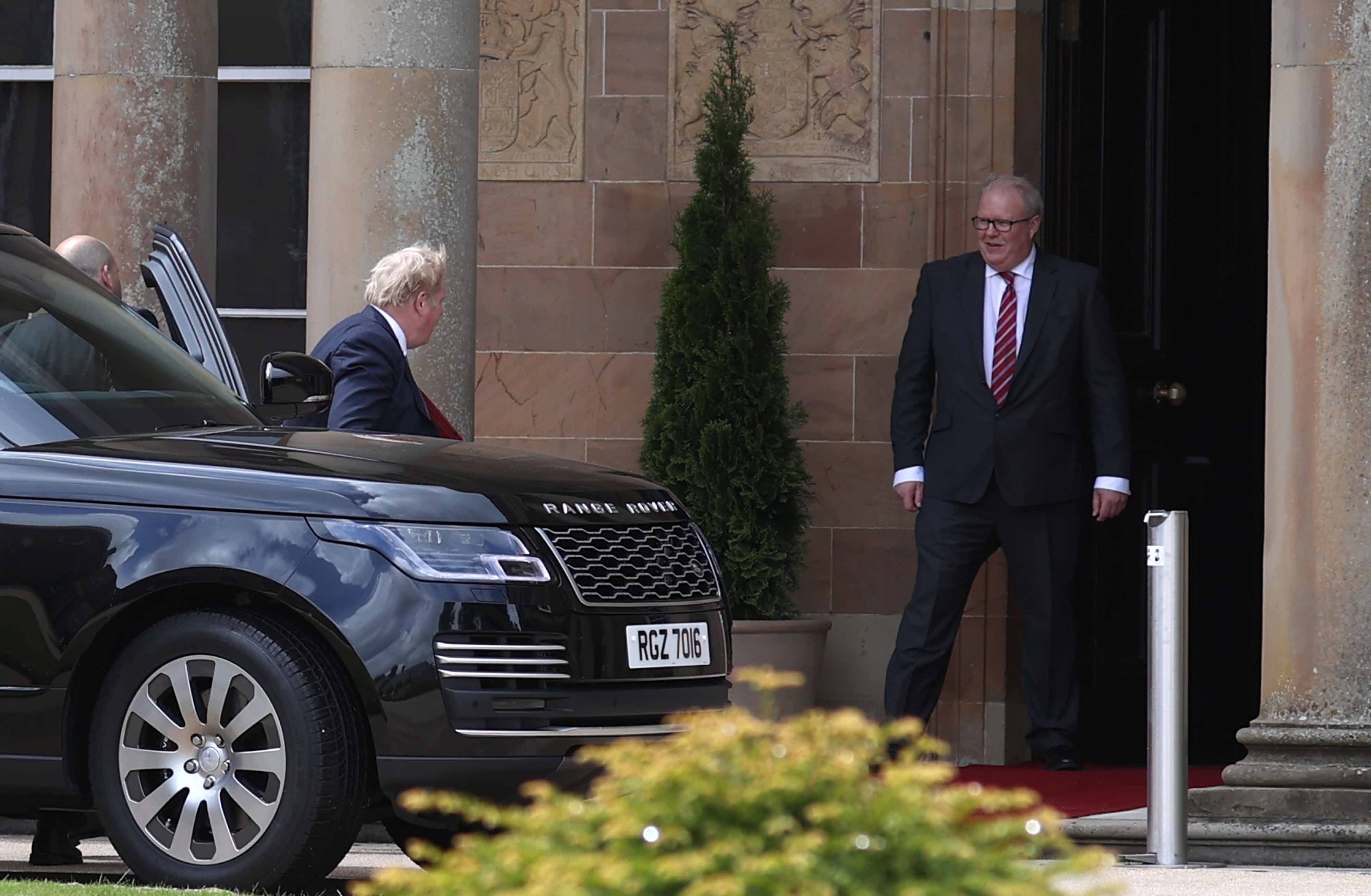 PM Boris Johnson arrives at Hillsborough Castle during a visit to Northern Ireland for talks