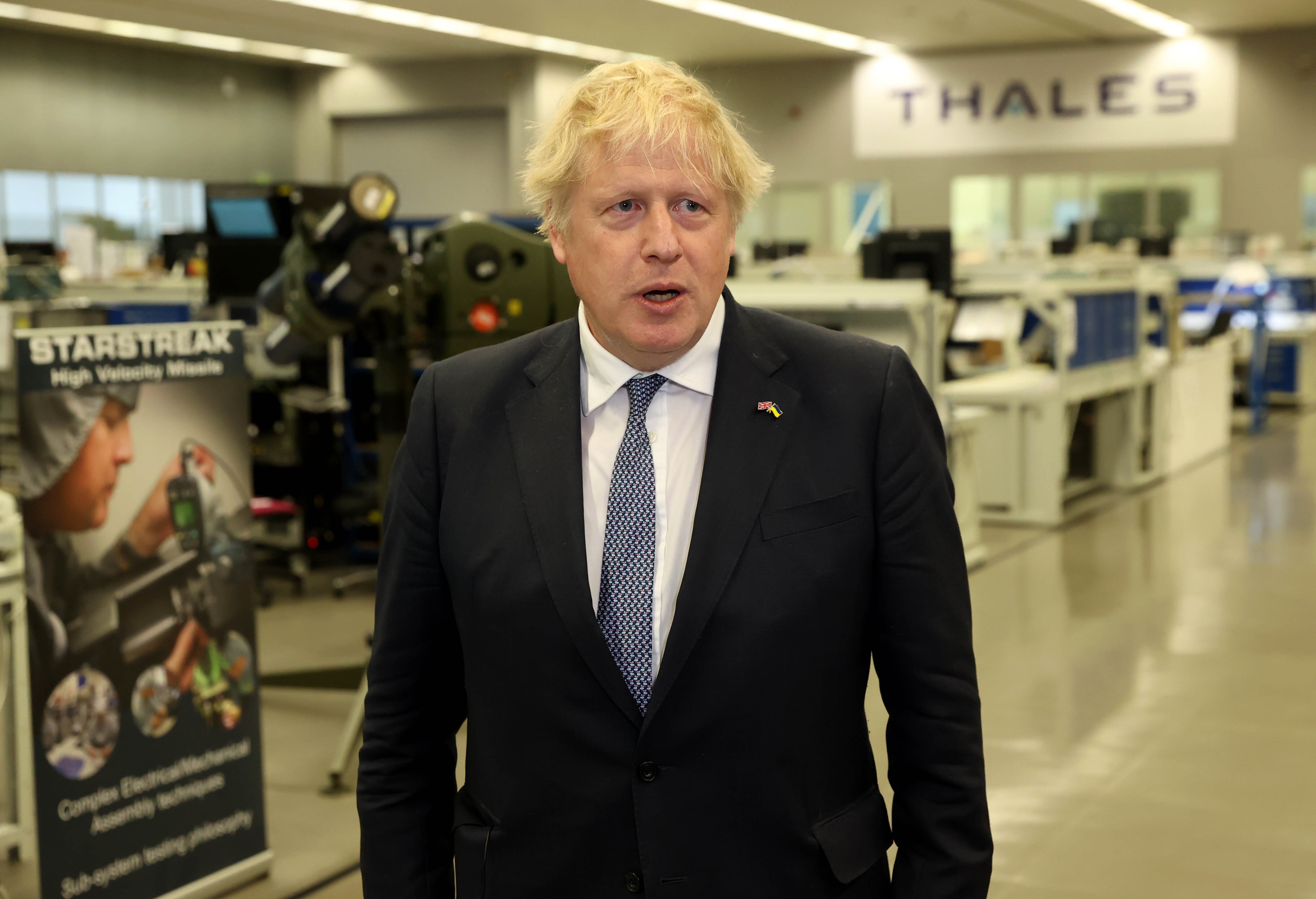 Prime Minister Boris Johnson at the Thales weapons plant in Belfast