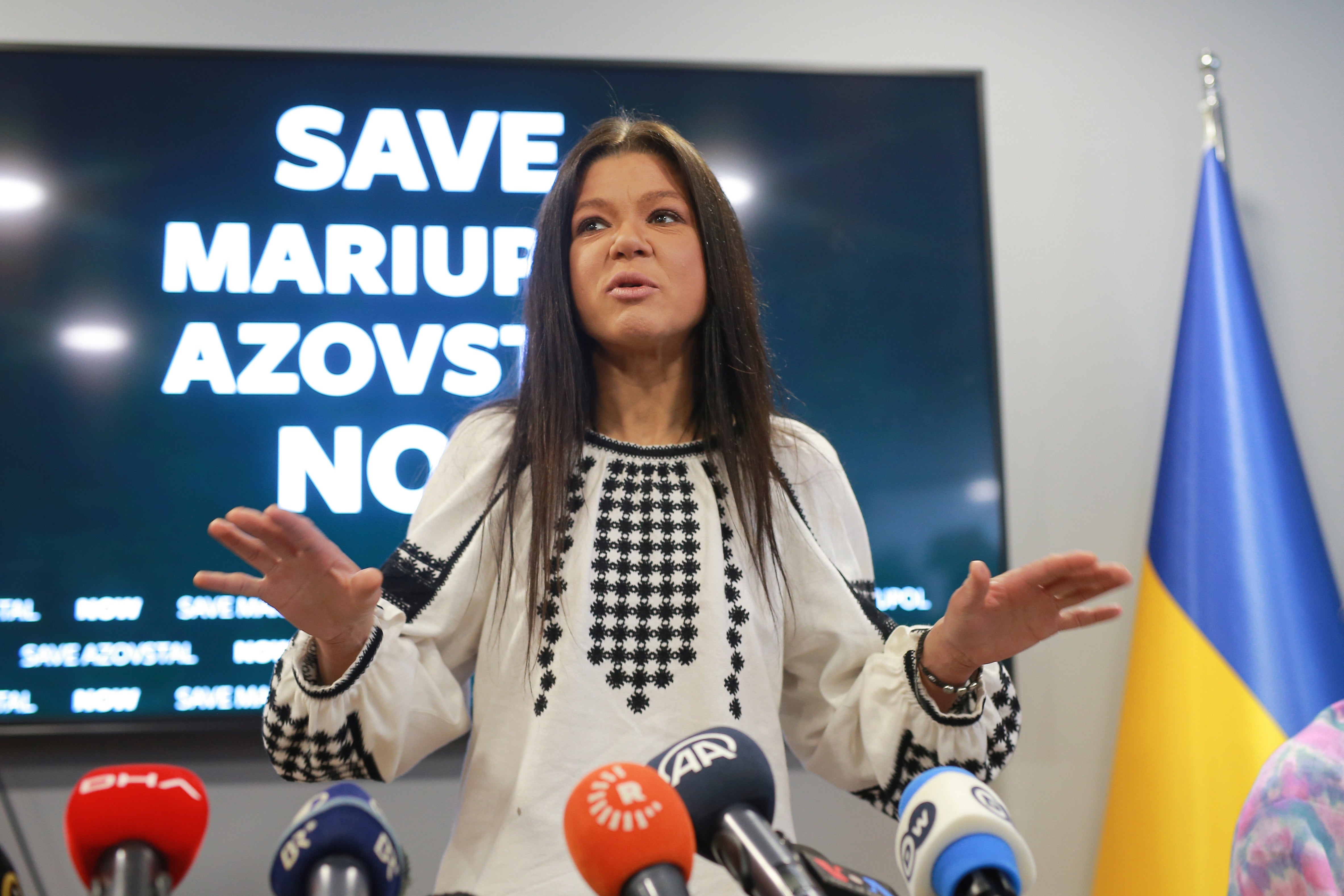 Ruslana, Ukrainian singer and former Eurovision song contest winner, speaks during the news conference