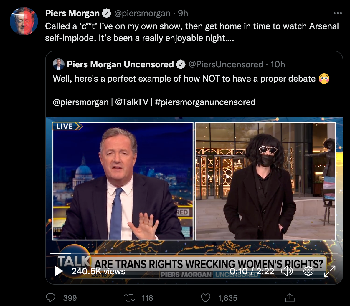 Piers Morgan went on to address the moment on Twitter