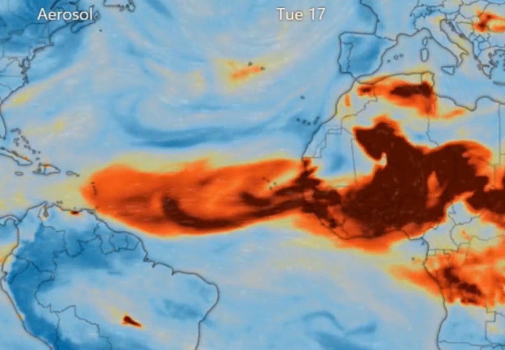 The satellite images shows the dust could billowing over the Atlantic