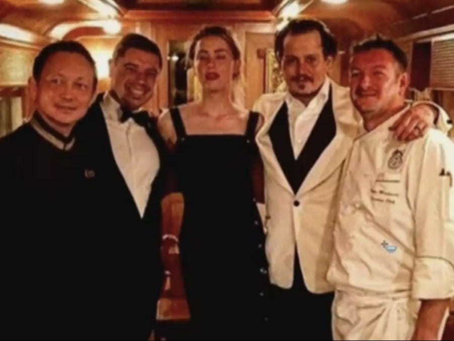 A photo of Johnny Depp and Amber Heard during their honeymoon on the Orient Express from Bangkok to Singapore