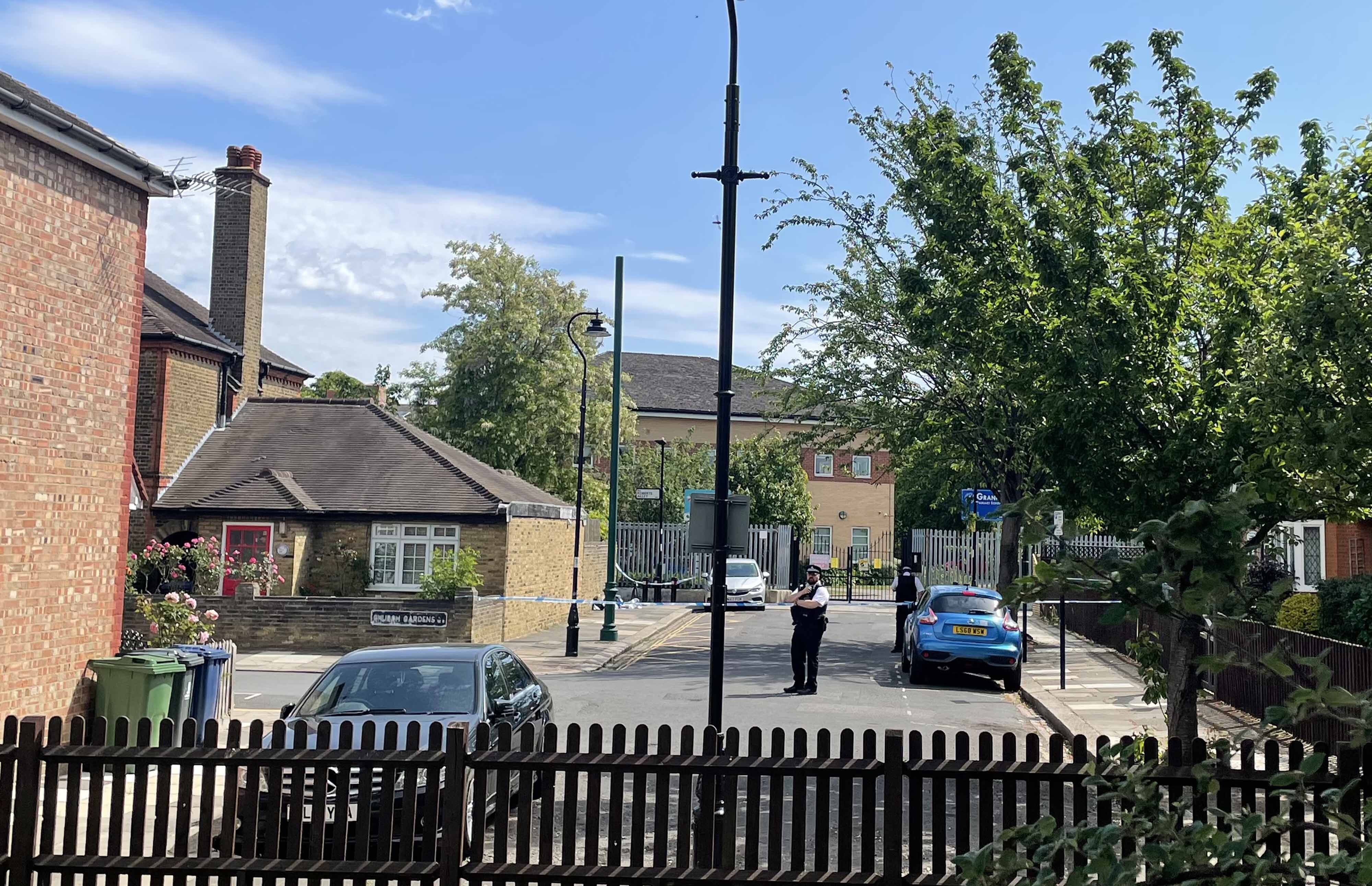 Police at the scene in Ealing, west London after a 21-year-old woman was found stabbed to death in an alleyway.