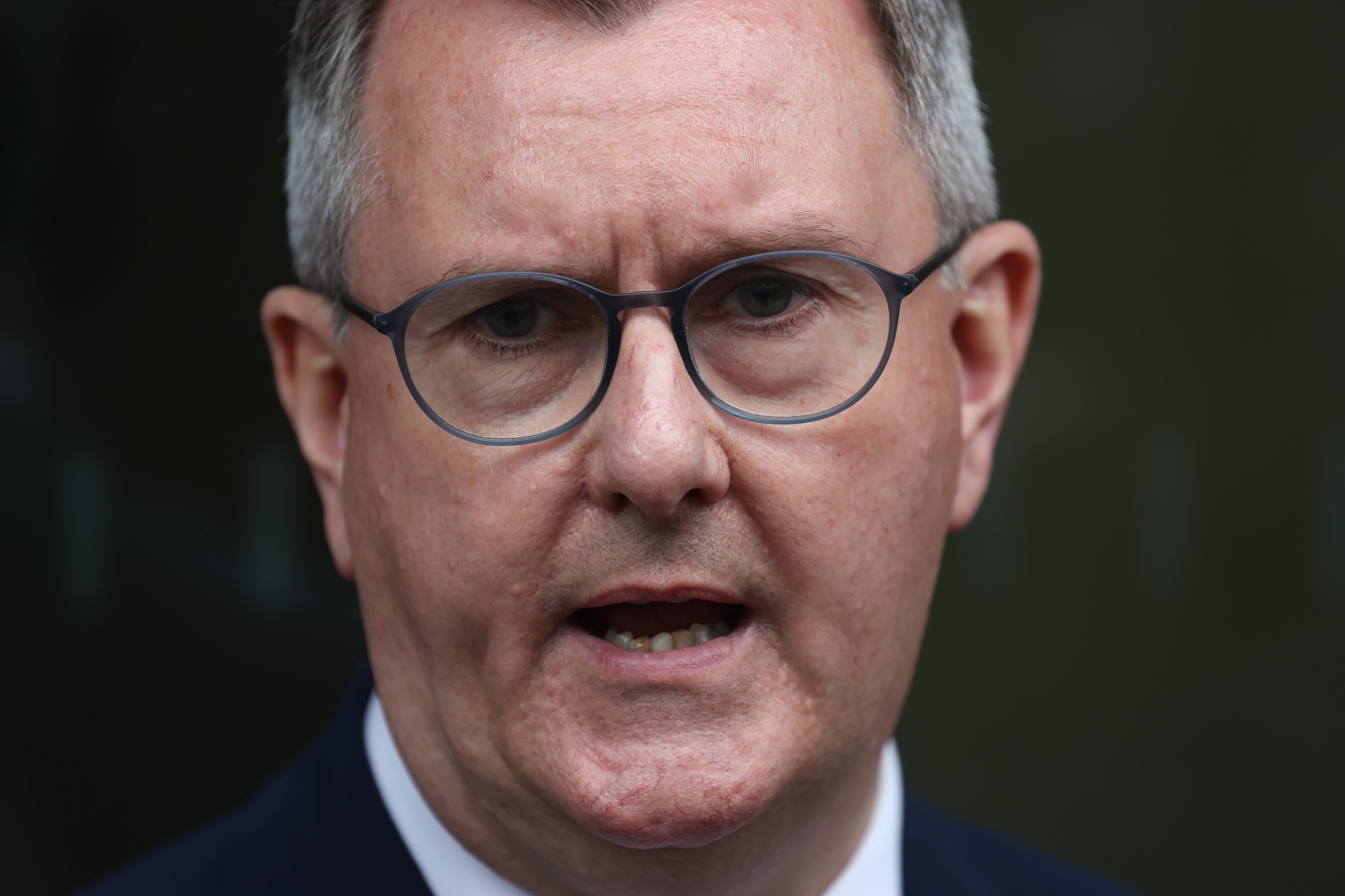 DUP leader Sir Jeffrey Donaldson at Erskine House, Belfast, after his meeting with Northern Ireland Secretary Brandon Lewis, following the historic result at the weekend with Sinn Fein overtaking the DUP to become the first nationalist or republican party to emerge top at Stormont. Picture date: Monday May 9, 2022.