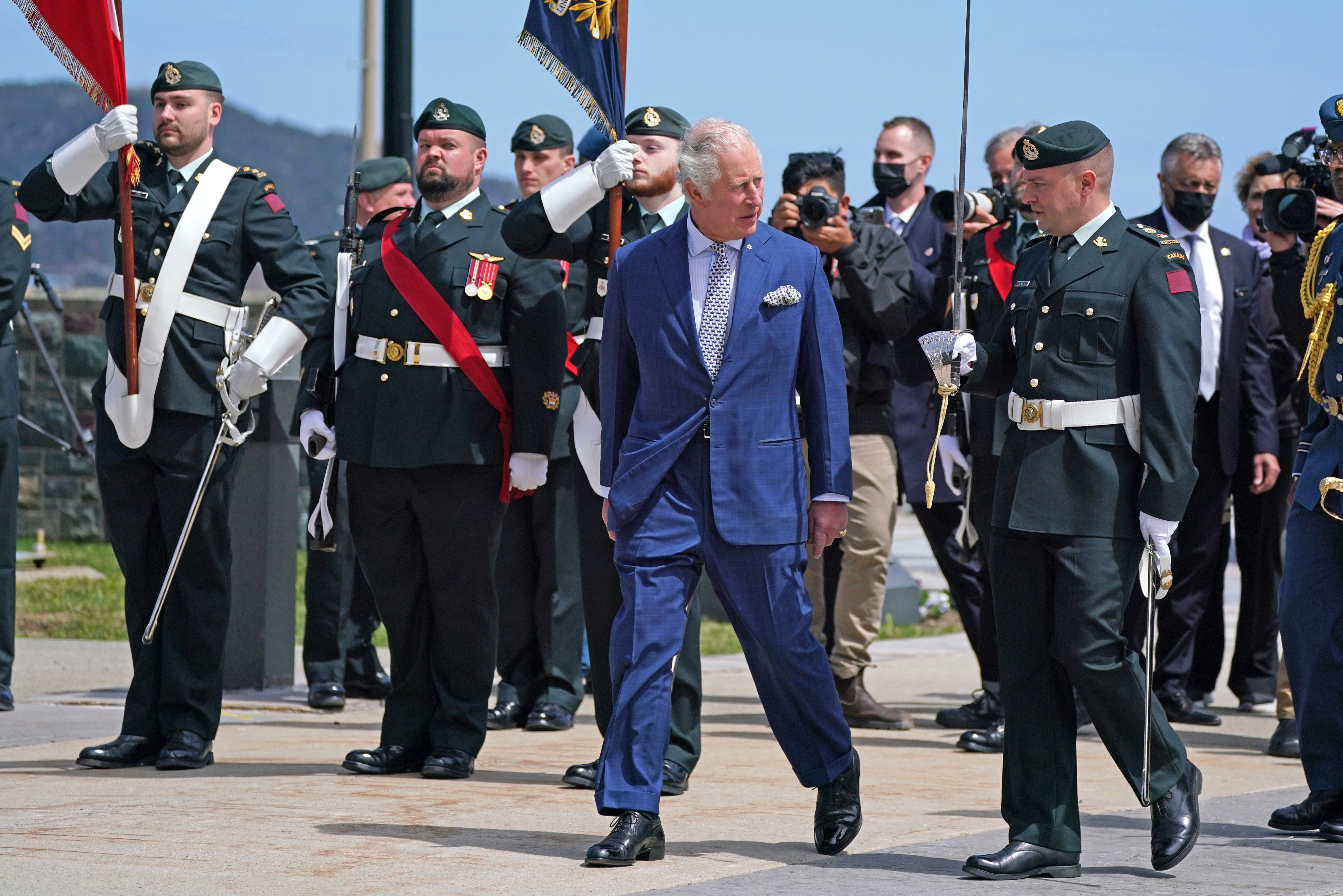 The Prince of Wales inspects the guard of honour ahead of an official welcome ceremony at the Confederation Building in St John’s, Newfoundland and Labrador (Jacob King/PA)