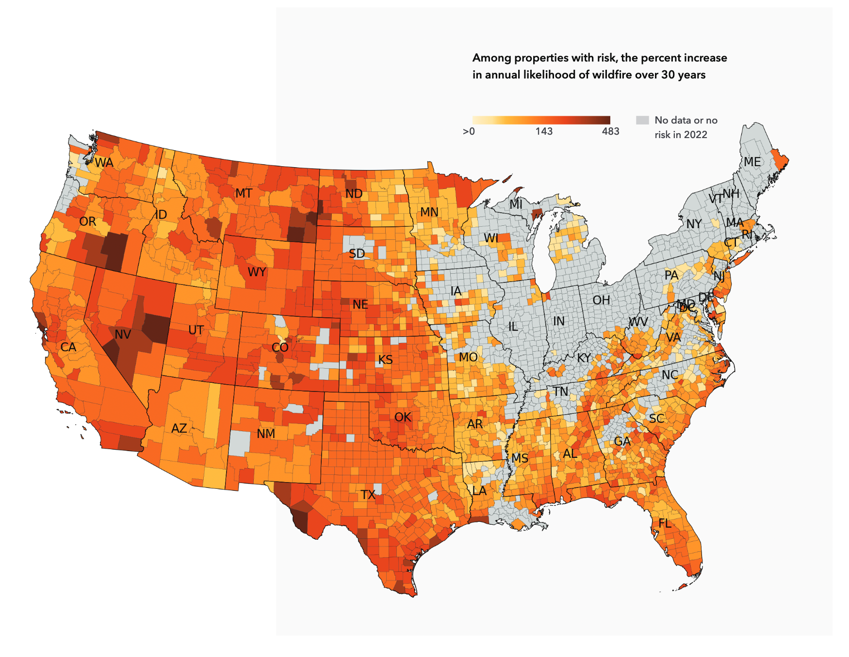 A map of how wildfire risk will increase over the next 30 years, among properties at risk of fire