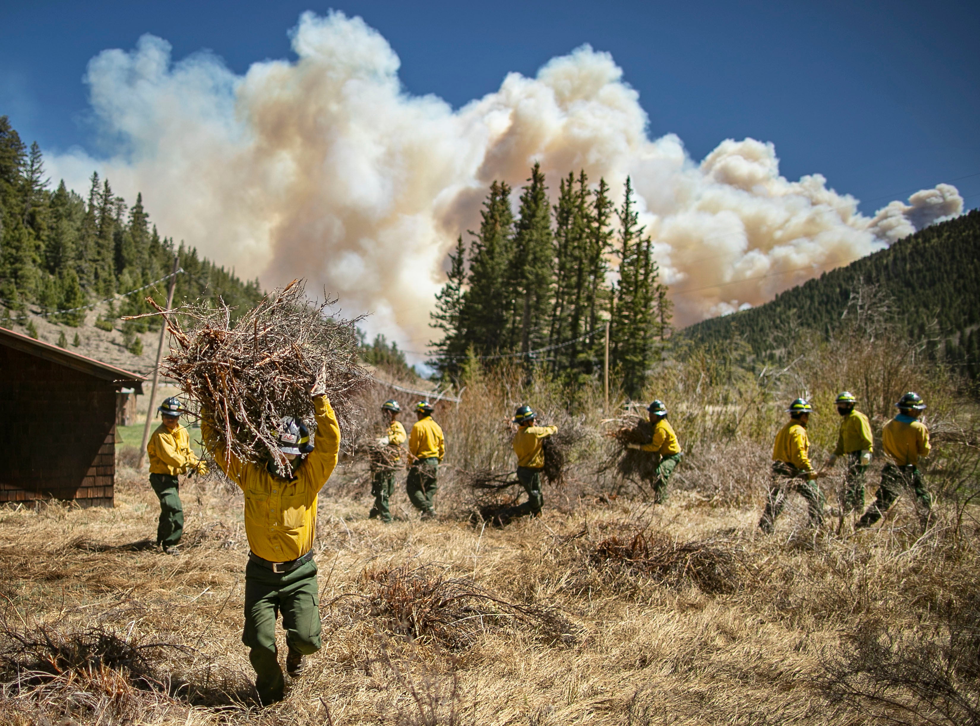 Firefighters clear brush and debris away from cabins along Highway 518 near the Taos County line in New Mexico