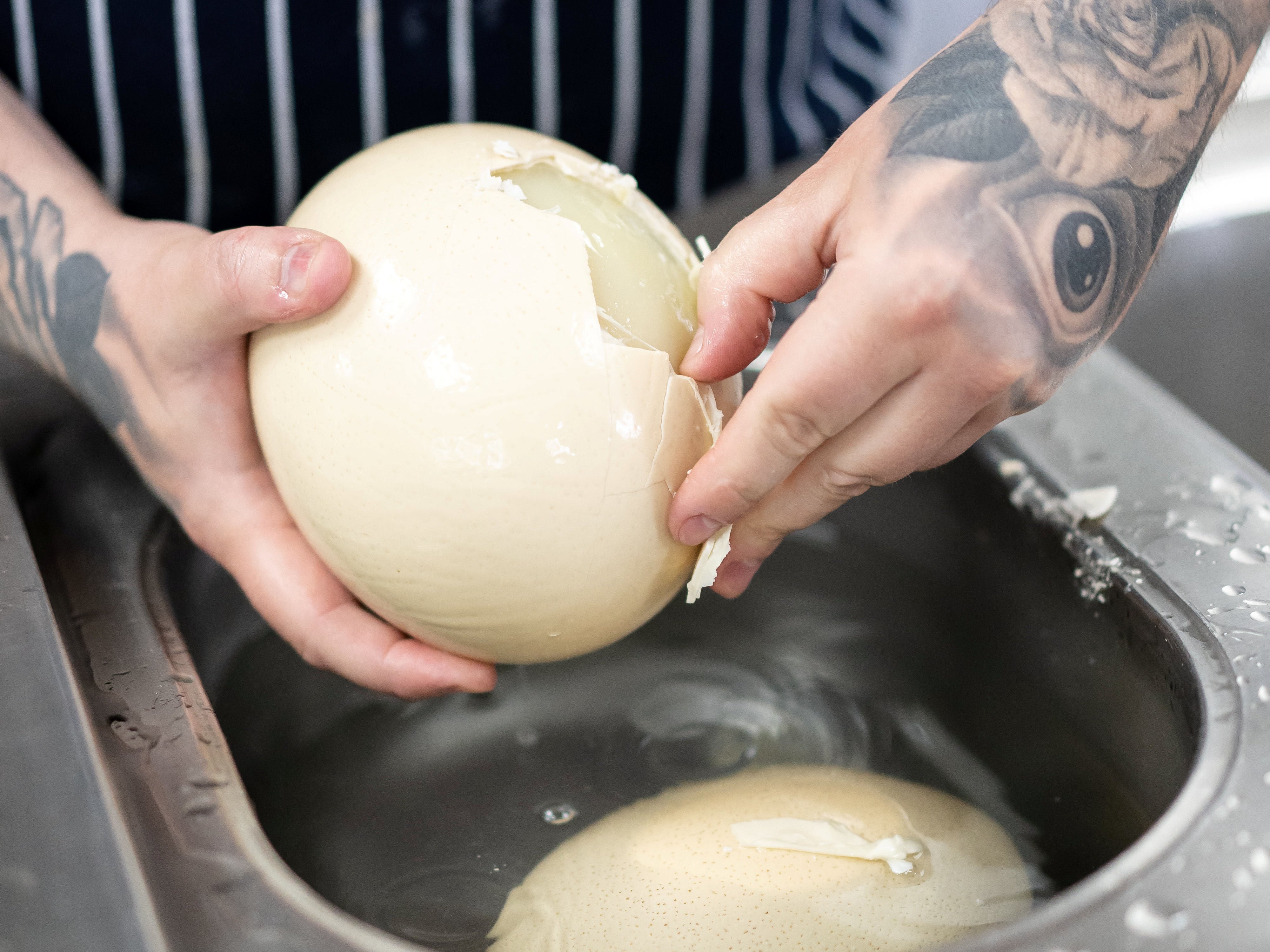 Leigh Evans peels a 1.7kg ostrich egg while building his record-breaking snack