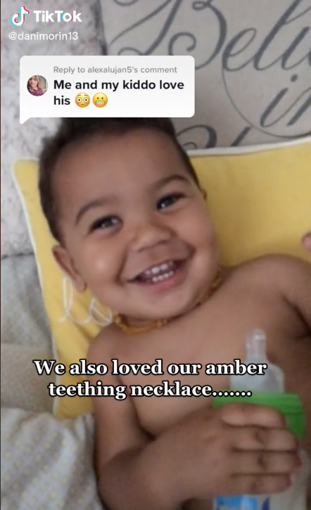 Danielle Morin’s son, Deacon, is seen in Ms Morin’s viral Tiktok video wearing an amber teething necklace.