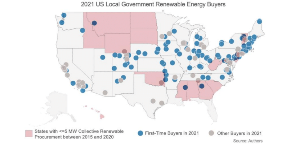 First-time buyers of clean energy made up of the majority of cities’ renewable power buys in 2021, according to a US tracker