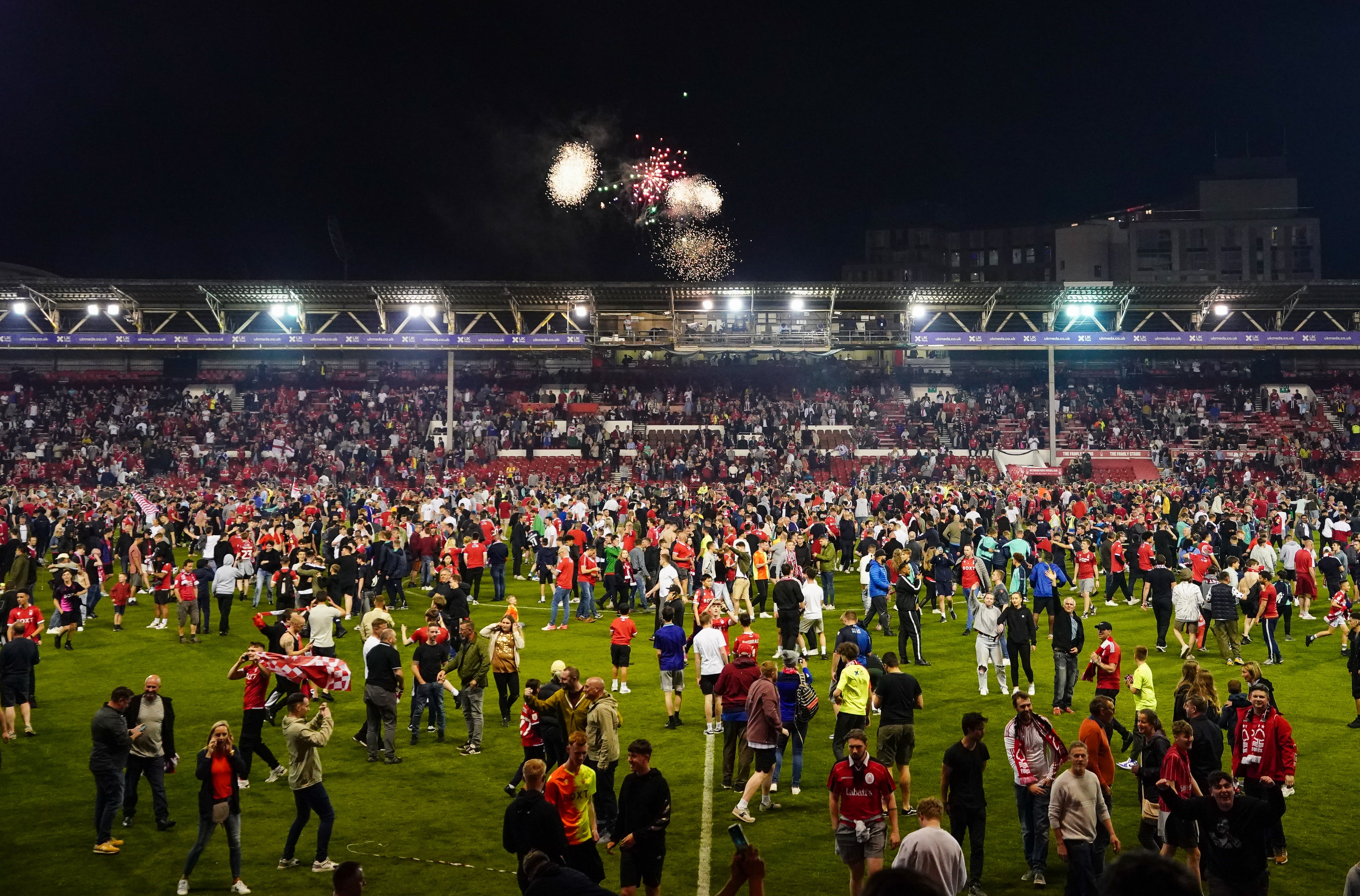 Supporters invaded the field after Nottingham Forest’s victory over Sheffield United (Zac Goodwin/PA)