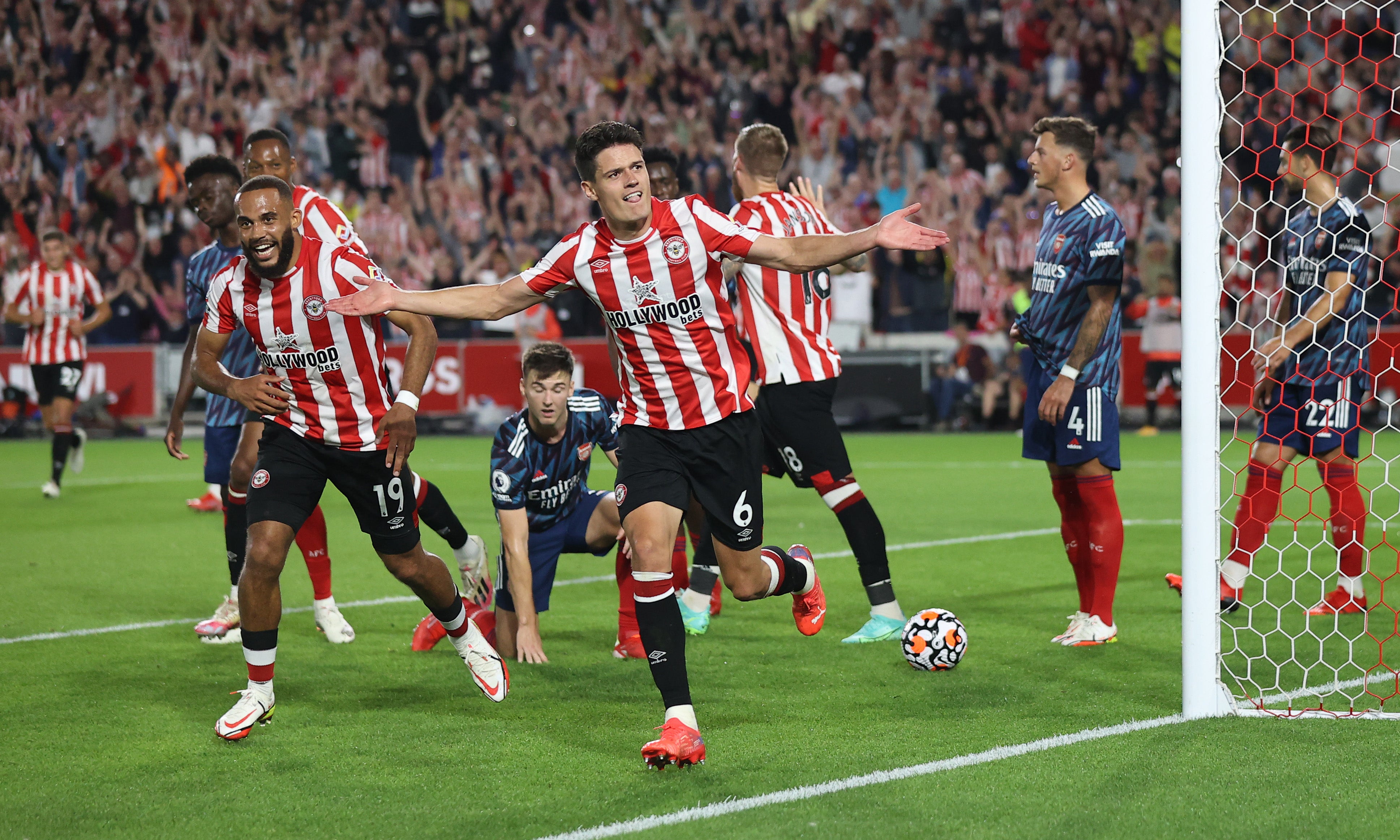 Christian Norgaard of Brentford celebrates after scoring against Arsenal in August