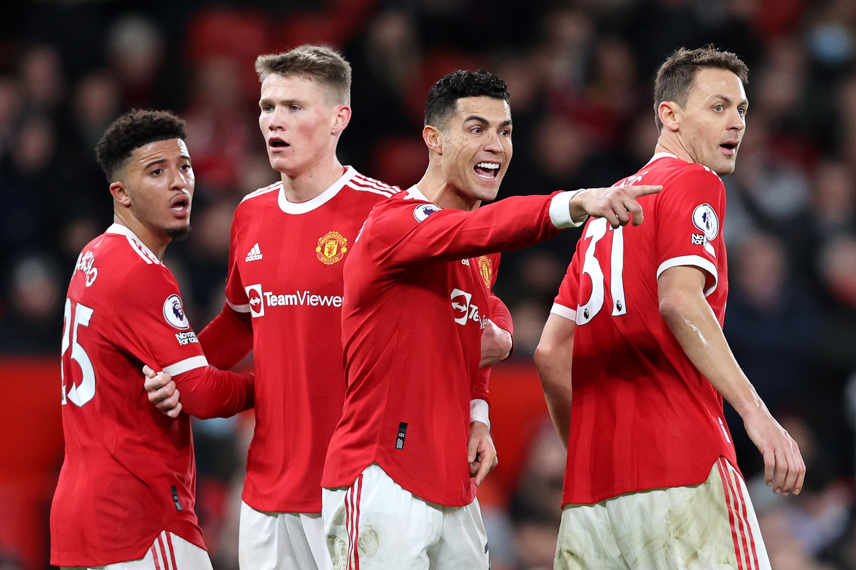 Cristiano Ronaldo of Manchester United instructs his teammates during a match against Wolverhampton Wanderers at Old Trafford in January