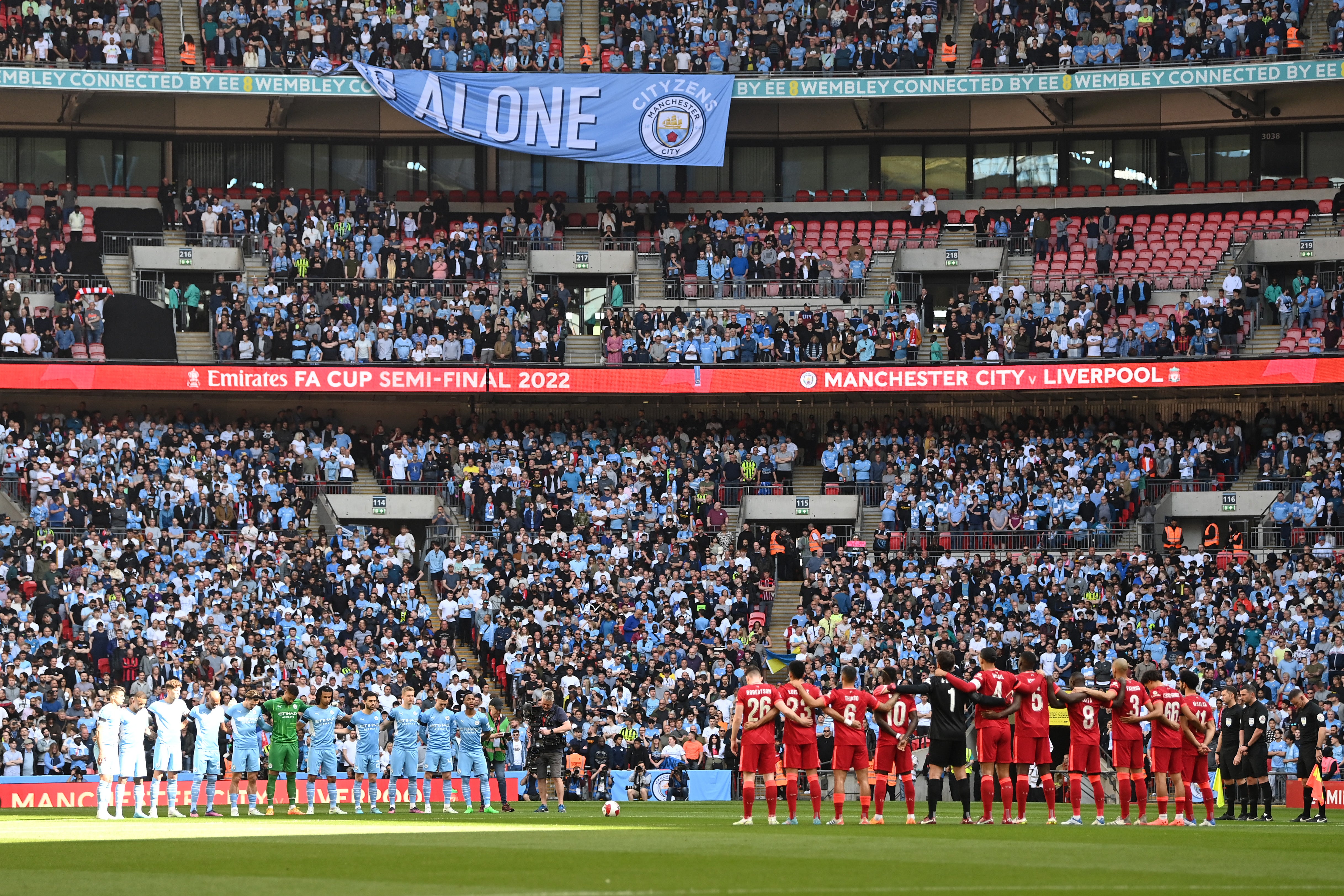 A minute’s silence is held in memory of those who died during the Hillsborough disaster ahead of the Emirates FA Cup Semi-Final match between Manchester City and Liverpool at Wembley