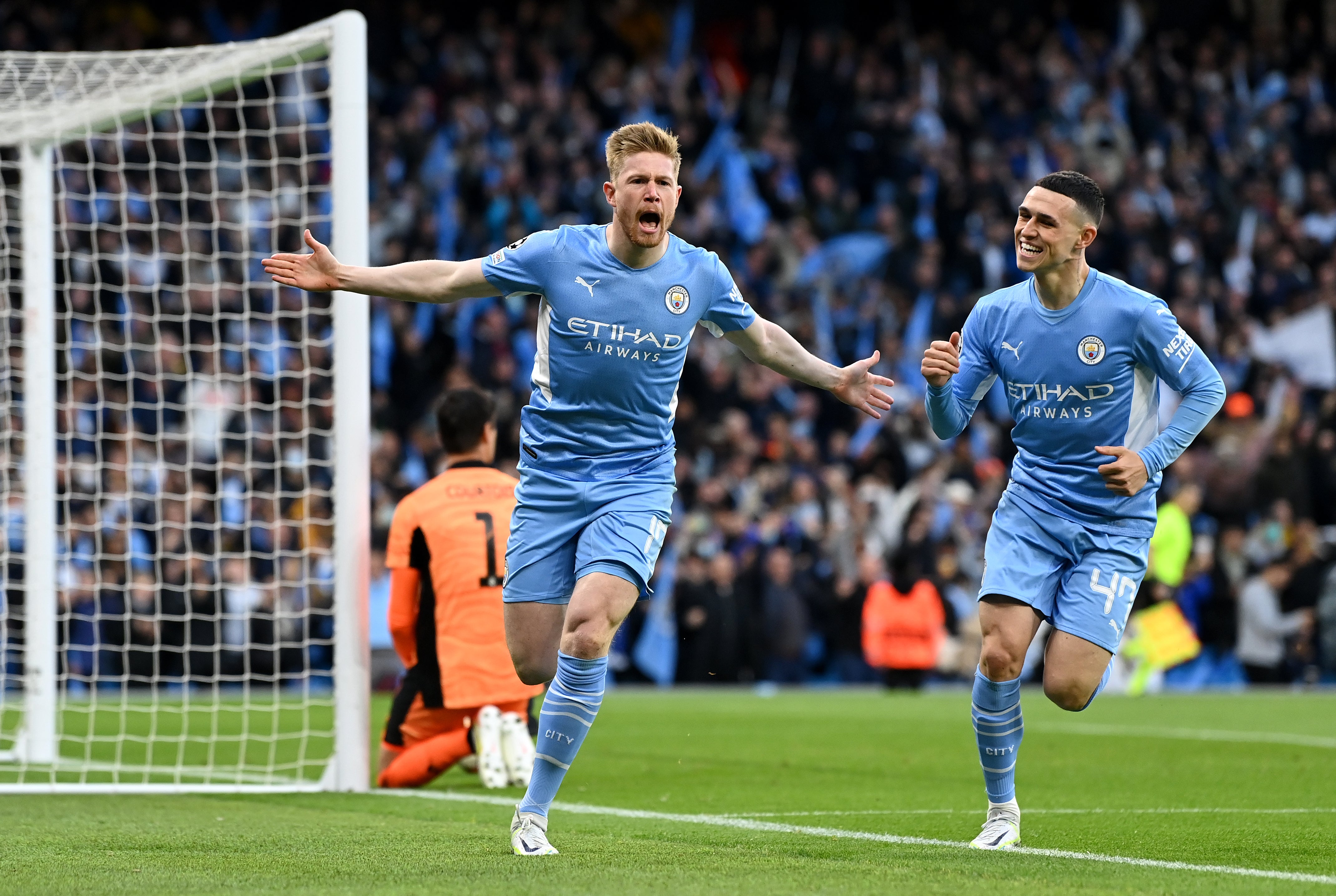 Kevin de Bruyne of Manchester City celebrates after scoring against Real Madrid in the Champions League