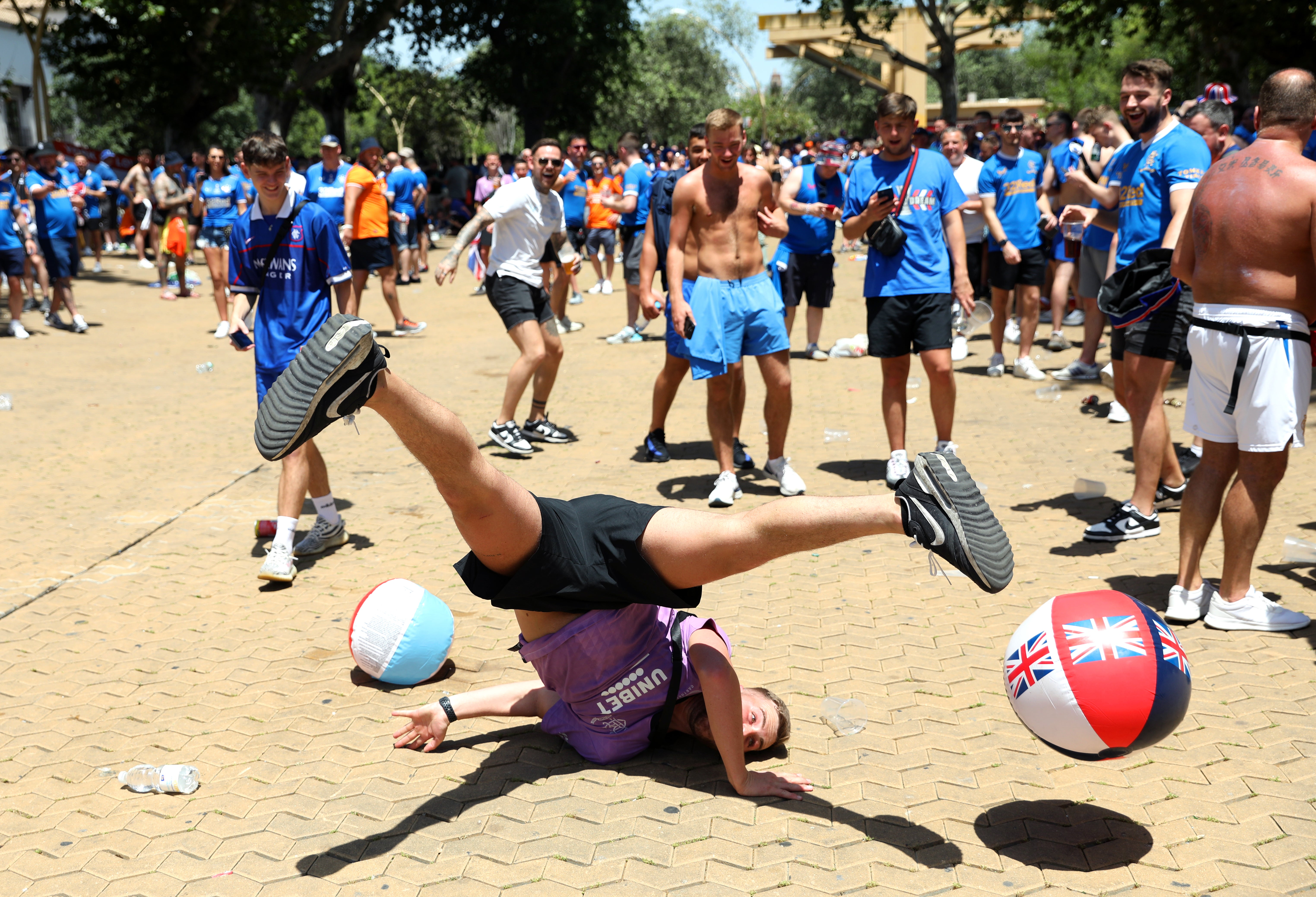 Rangers fans at the Alameda de Hercules in Seville (Isabel Infantes/PA)
