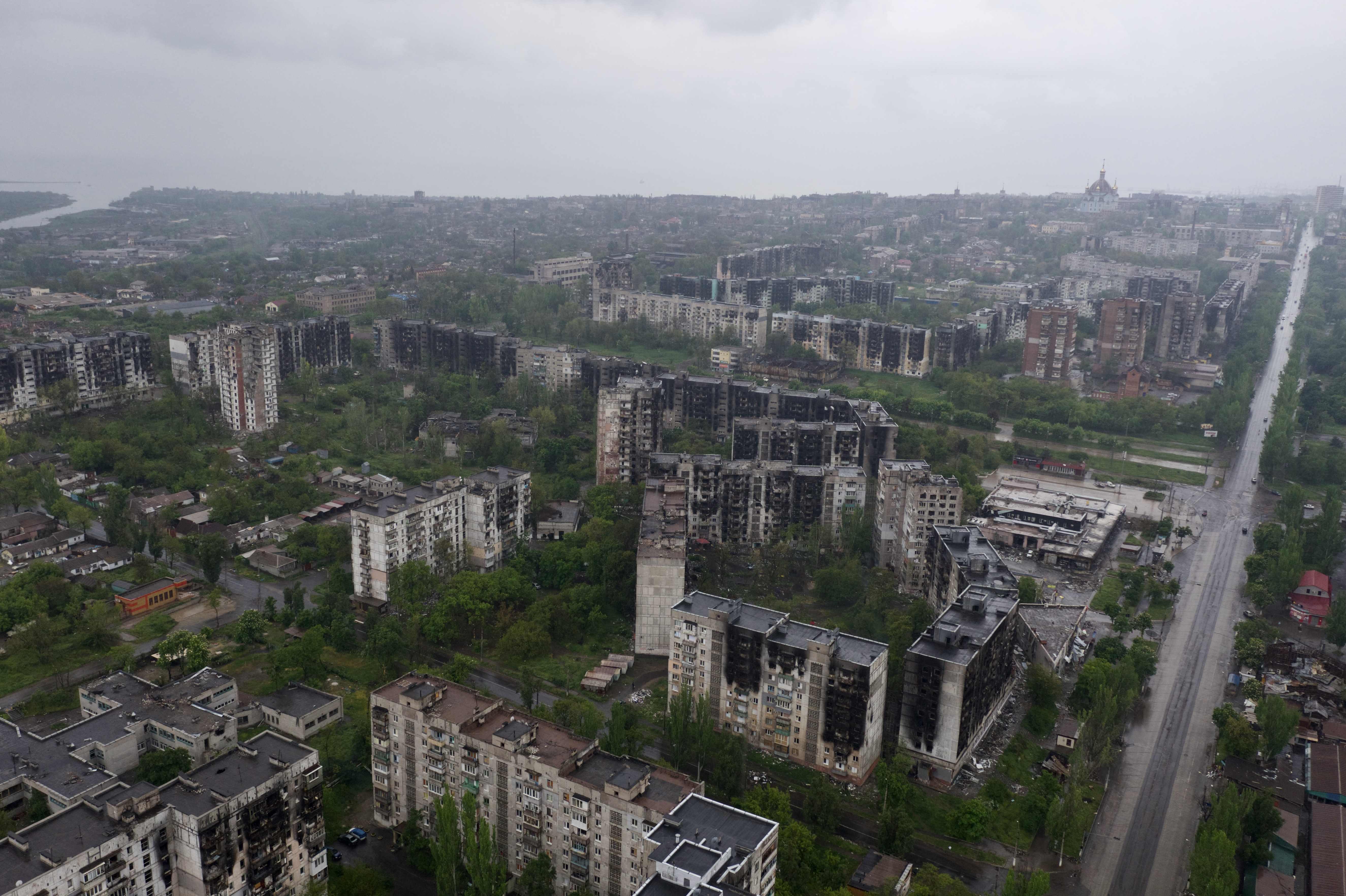 An aerial view of the Central district of the port city of Mariupol