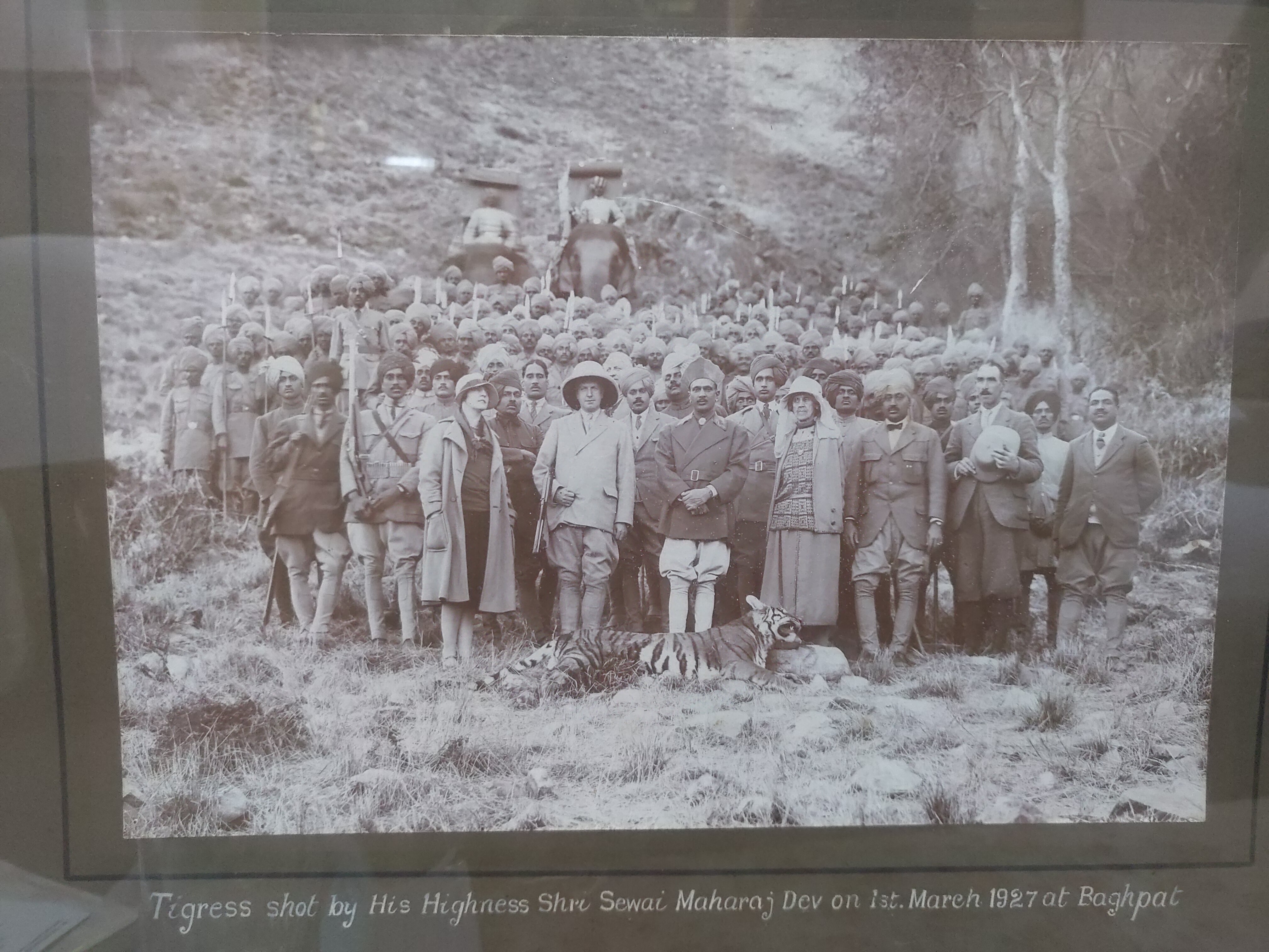 A framed photo from March 1927 shows His Highness Sawai Maharaj Dev with a tigress he shot down in the forests of Baghpat, roughly 30 miles from Delhi. Here he is seen accompanied with his guests and a camp of royal staff