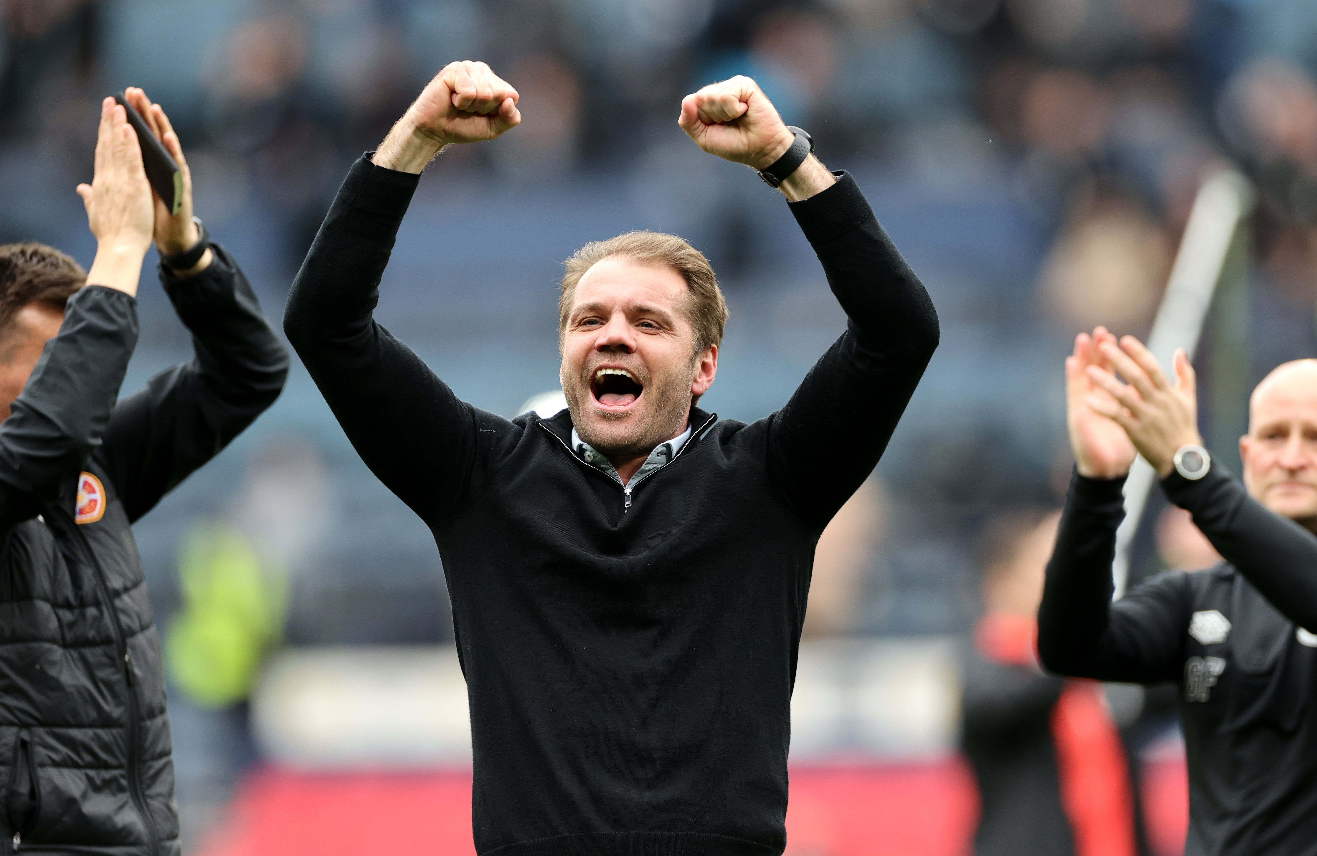 Hearts boss Robbie Neilson celebrates reaching the Scottish Cup final. (Steve Welsh/PA)