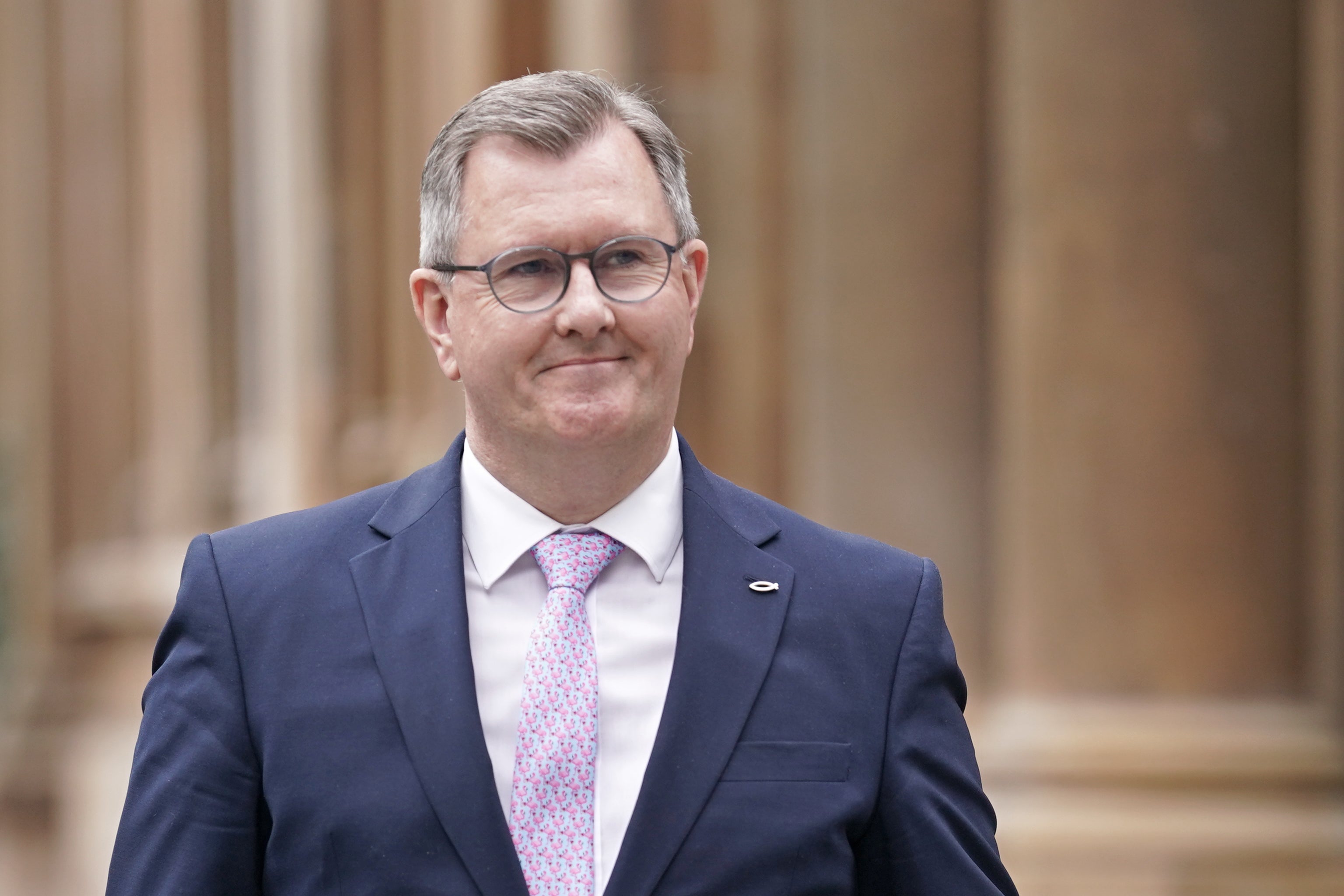 DUP leader Sir Jeffrey Donaldson arrives at the Grand Central Hotel in Belfast, ahead of his meeting with Taoiseach Micheal Martin (Brian Lawless/PA)