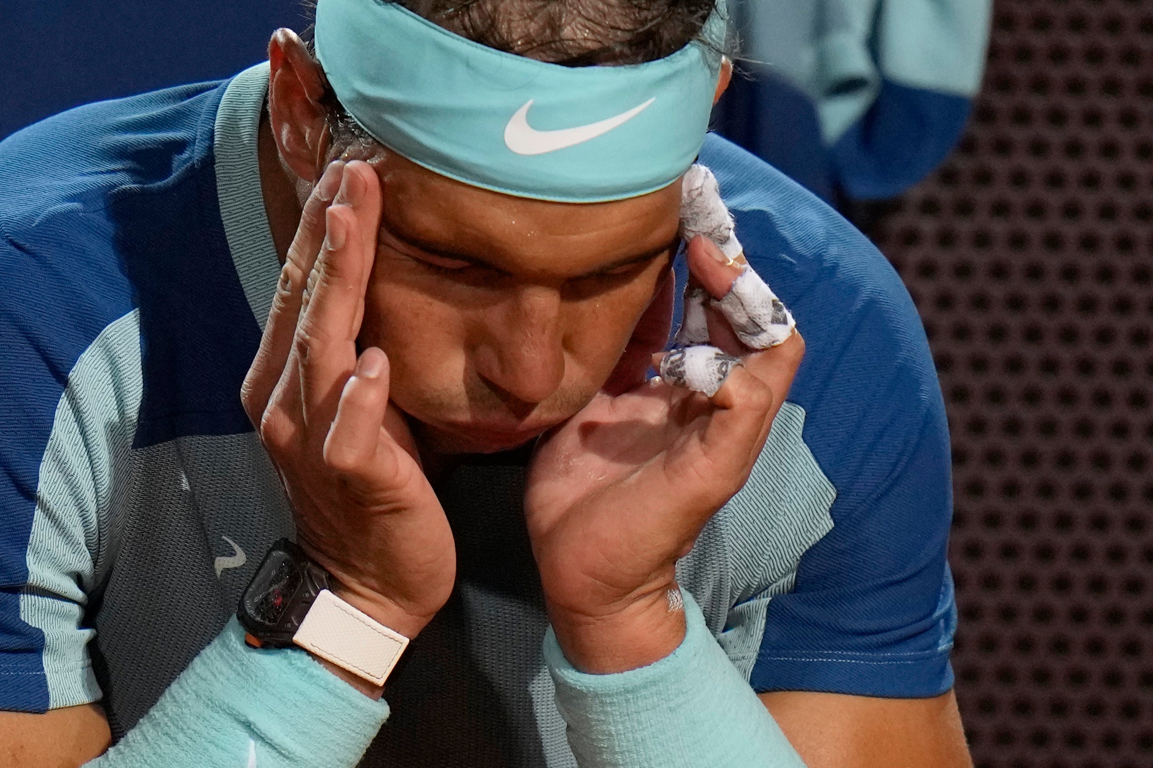 Rafael Nadal shows his pain during his defeat by Denis Shapovalov in Rome (Alessandra Tarantino/AP)