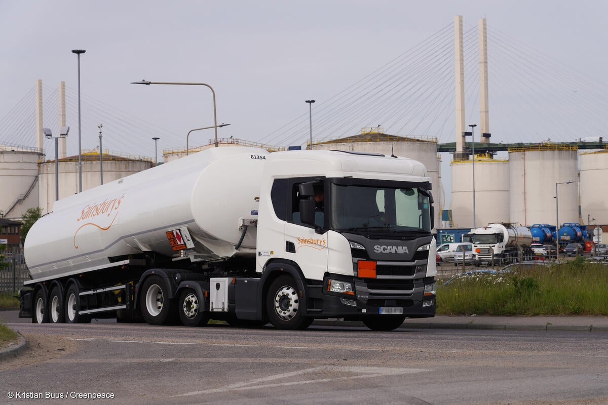 Tankers filled up from the terminal on the Thames this week (Kristian Buus/Greenpeace/PA)