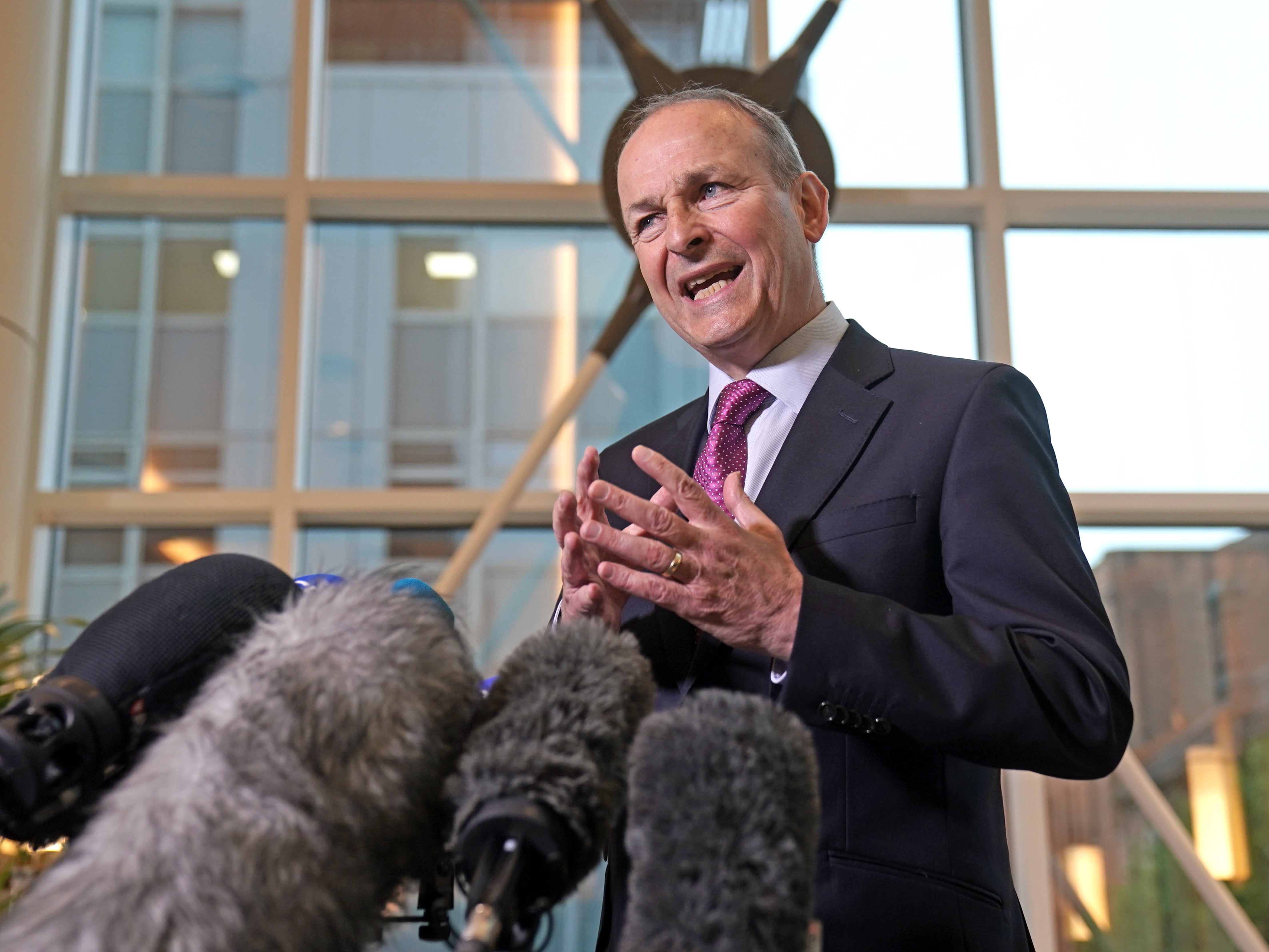 Irish premier Micheal Martin speaks to the media after talks with Sinn Fein and the DUP