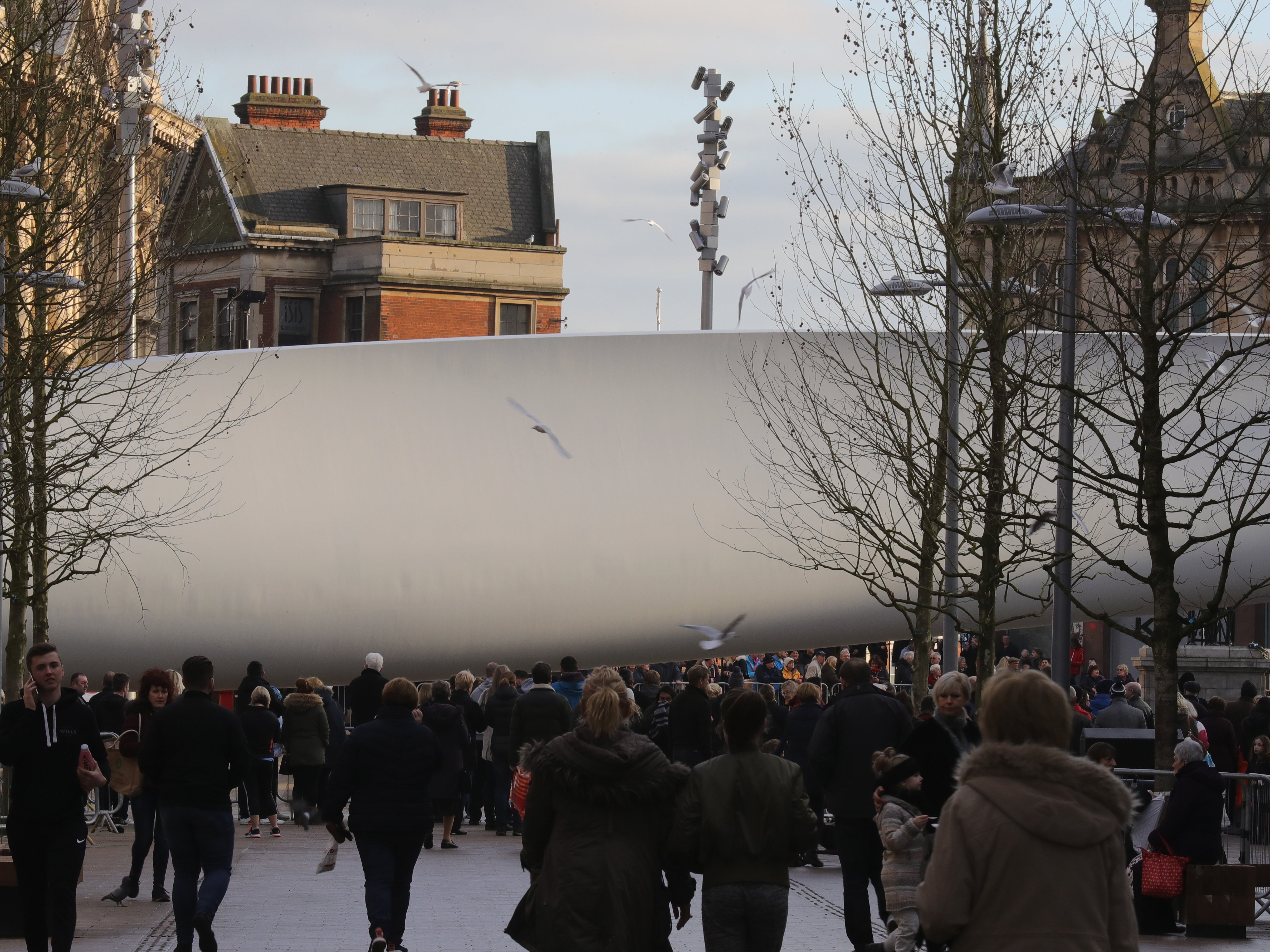 A wind turbine is displayed in Hull in 2017