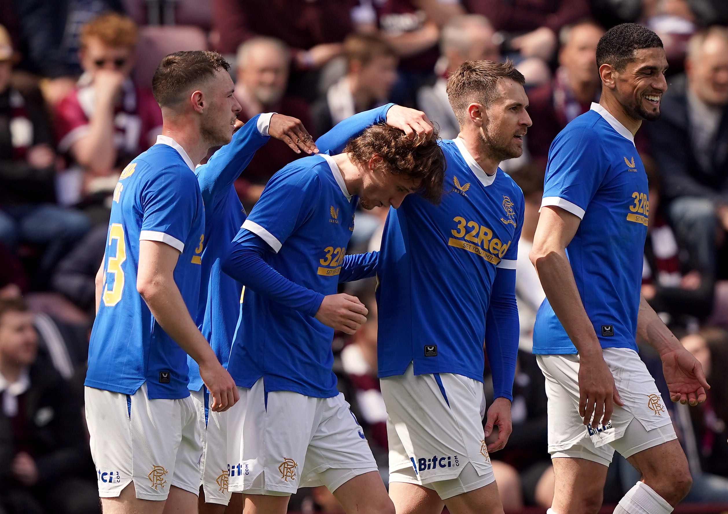 Rangers celebrate in their recent league win over Hearts (Andrew Milligan/PA).