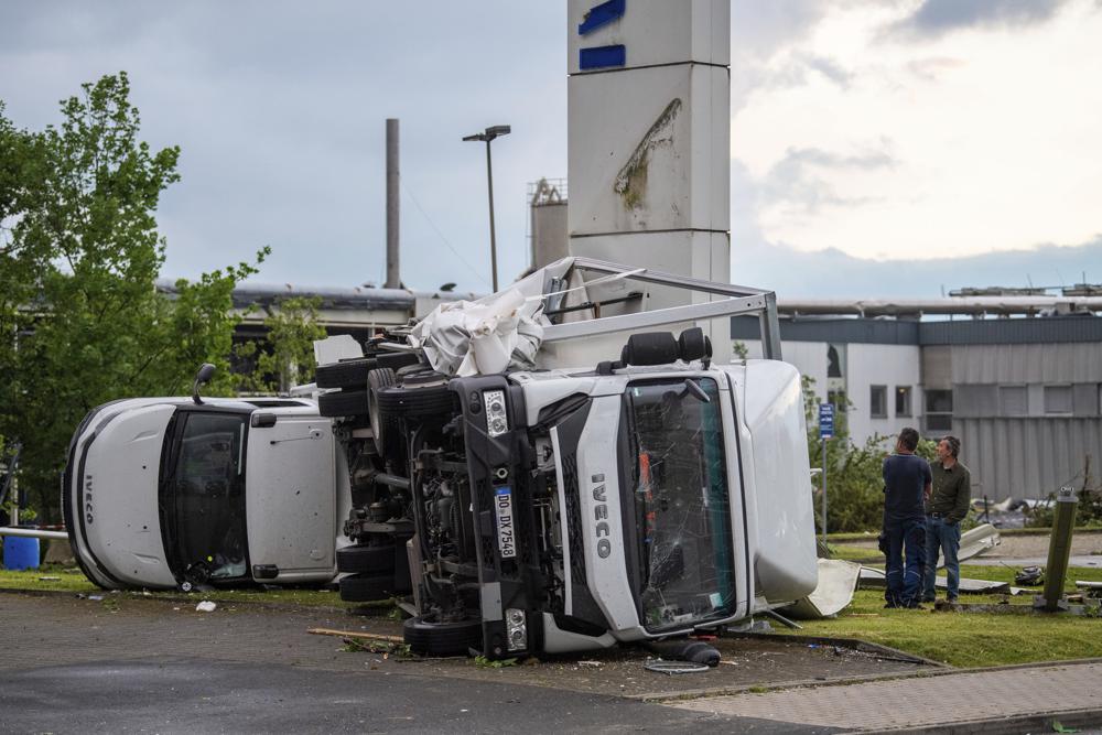 Two trucks oveturned in Paderborn after high winds hit western Germany