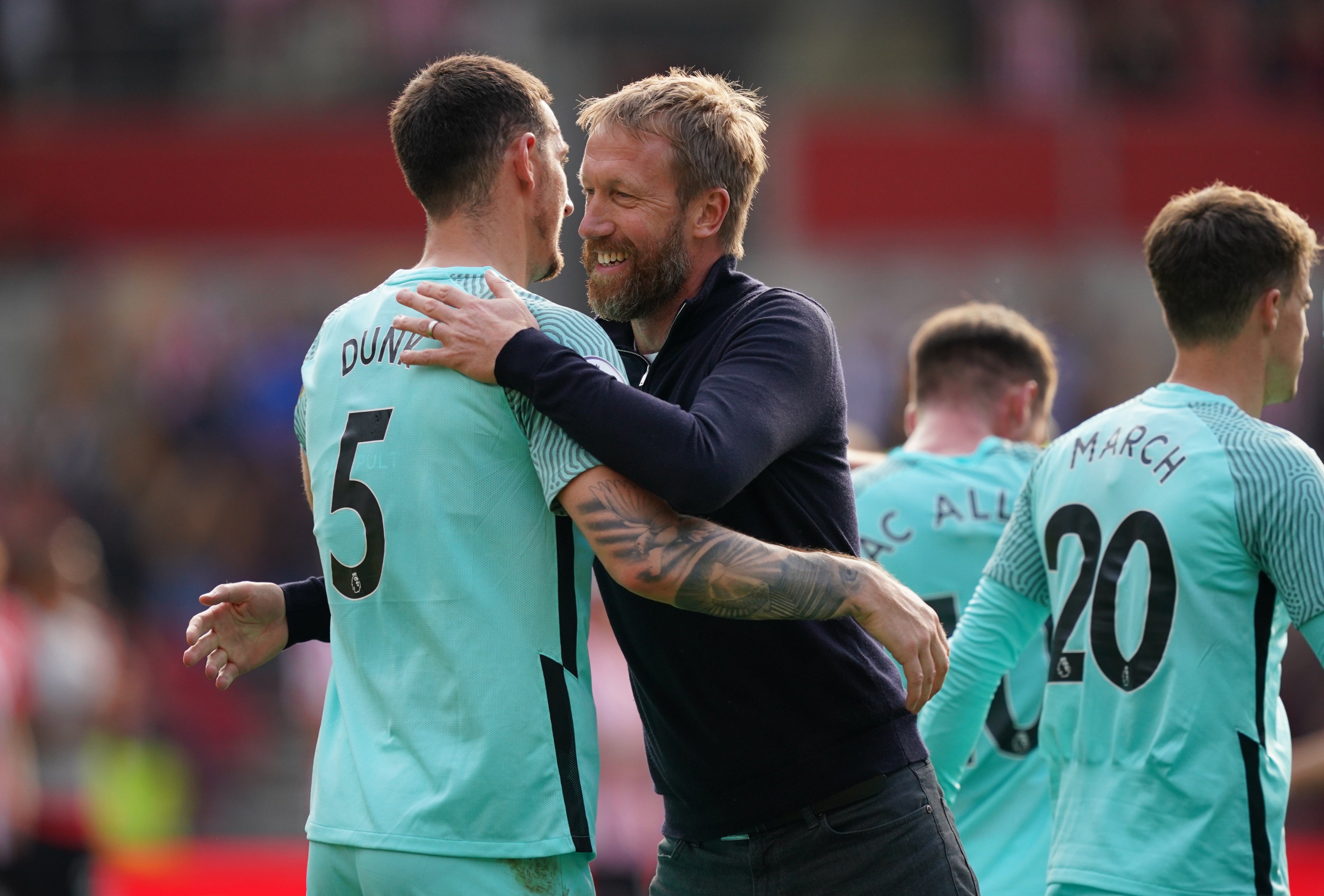 Brighton boss Graham Potter (right) believes captain Lewis Dunk has rediscovered top form following injury (Dominic Lipinski/PA)