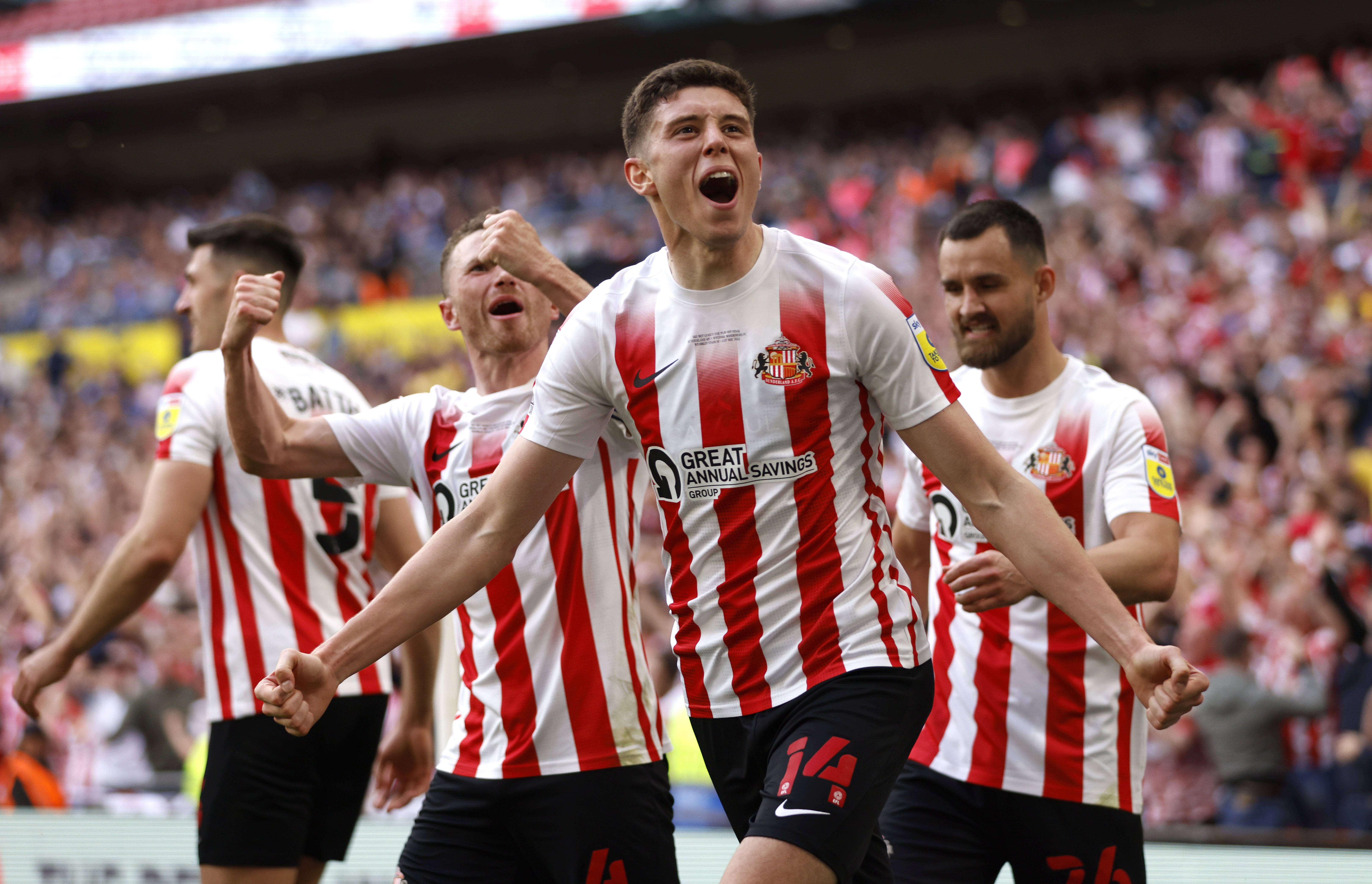 Ross Stewart celebrates scoring Sunderland’s second goal of the game (Steven Paston/PA)