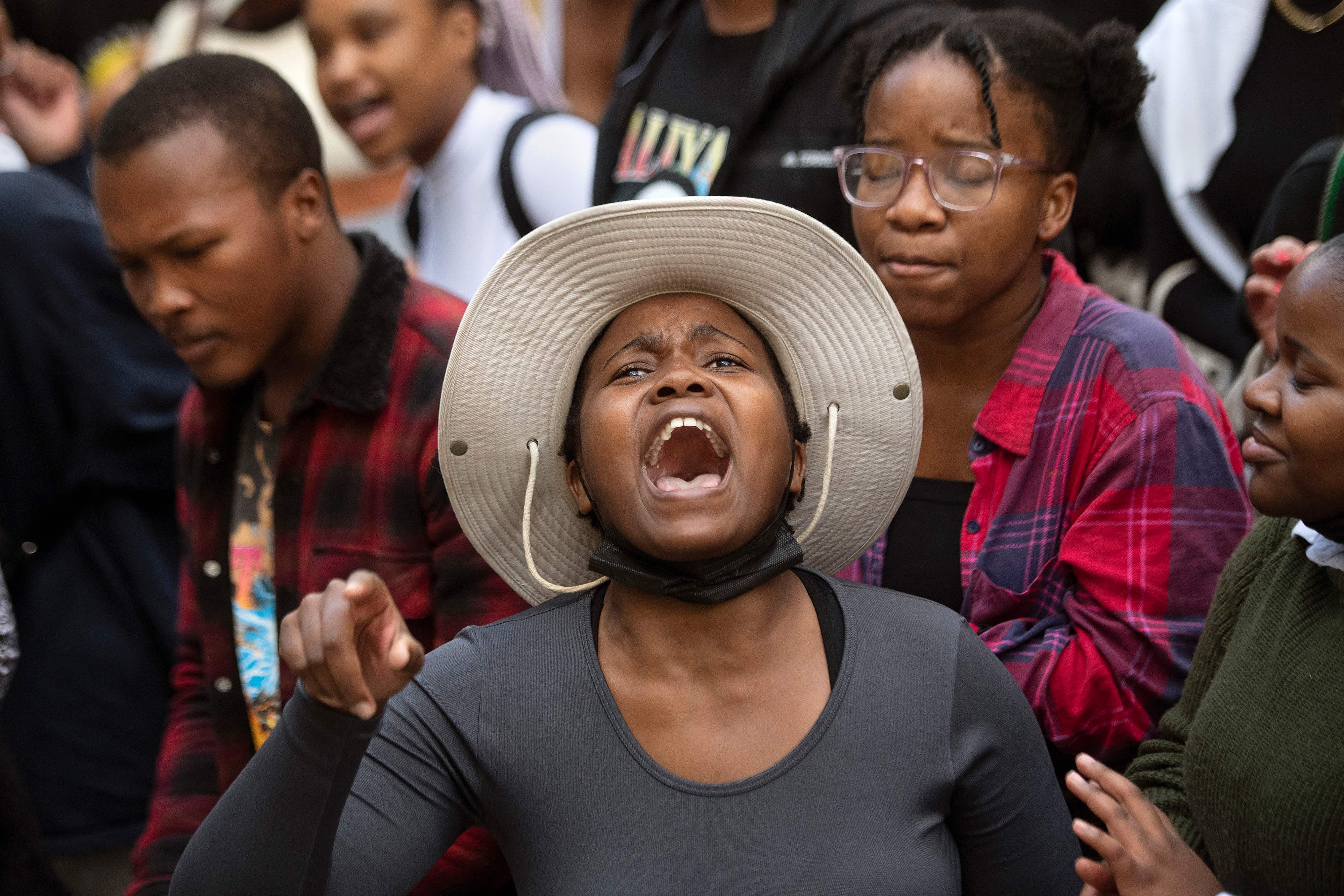 Students take part in a protest against racism at the University of Stellenbosch on Thursday