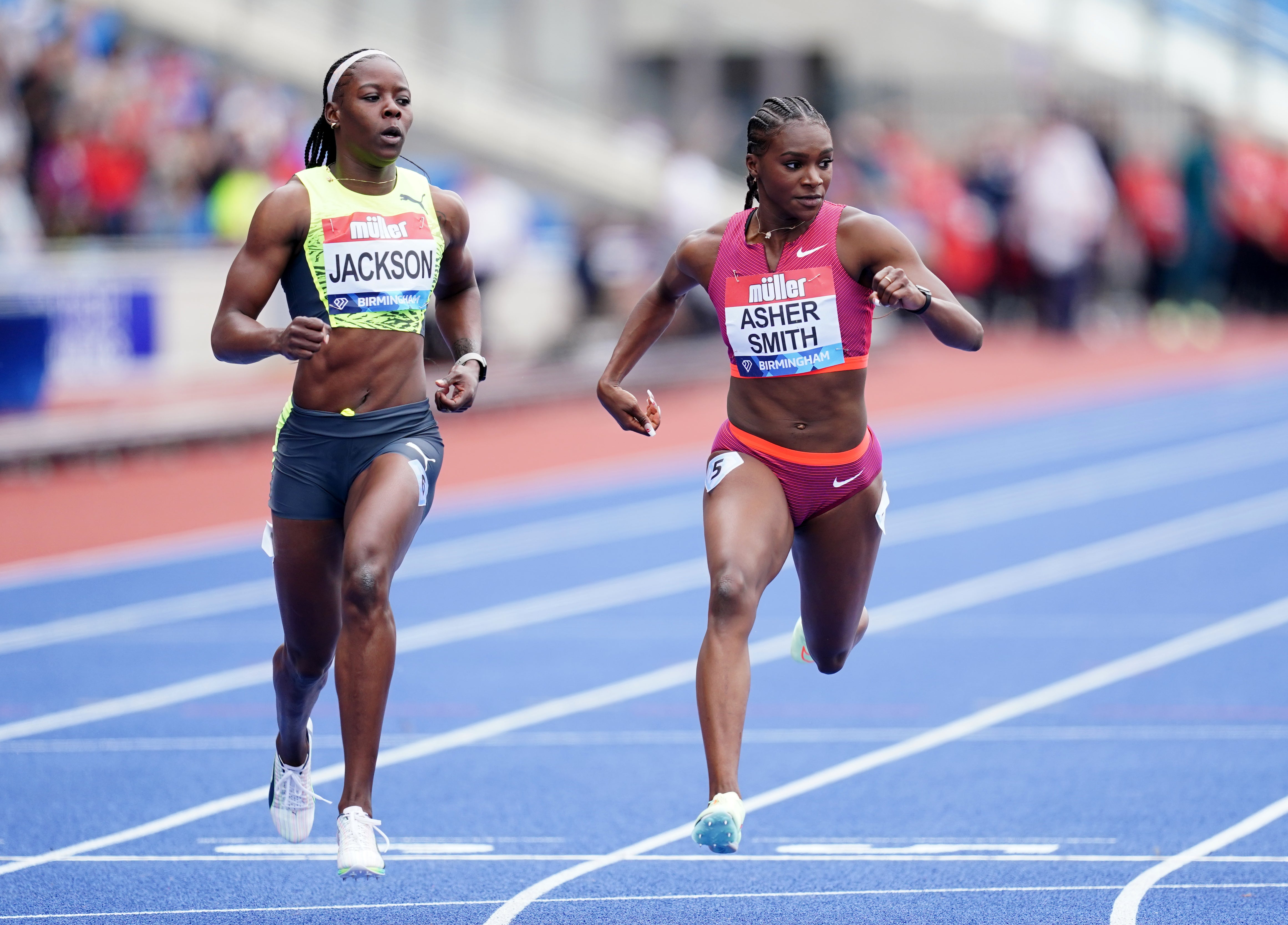 Dina Asher-Smith (right) wins the 100 metres ahead of Jamaica’s Shericka Jackson (David Davies/PA