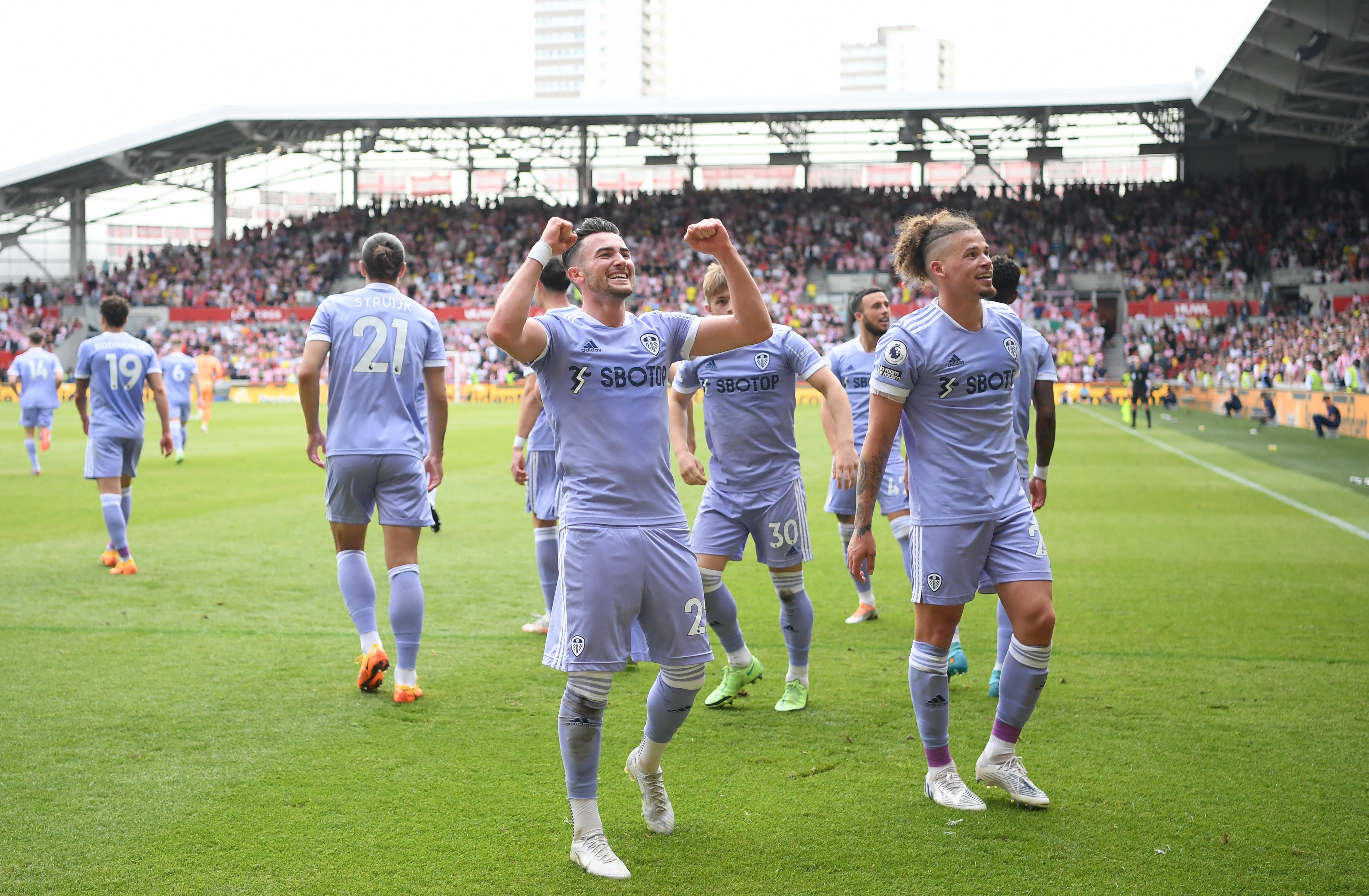 Leeds celebrate after Jack Harrison’s second goal