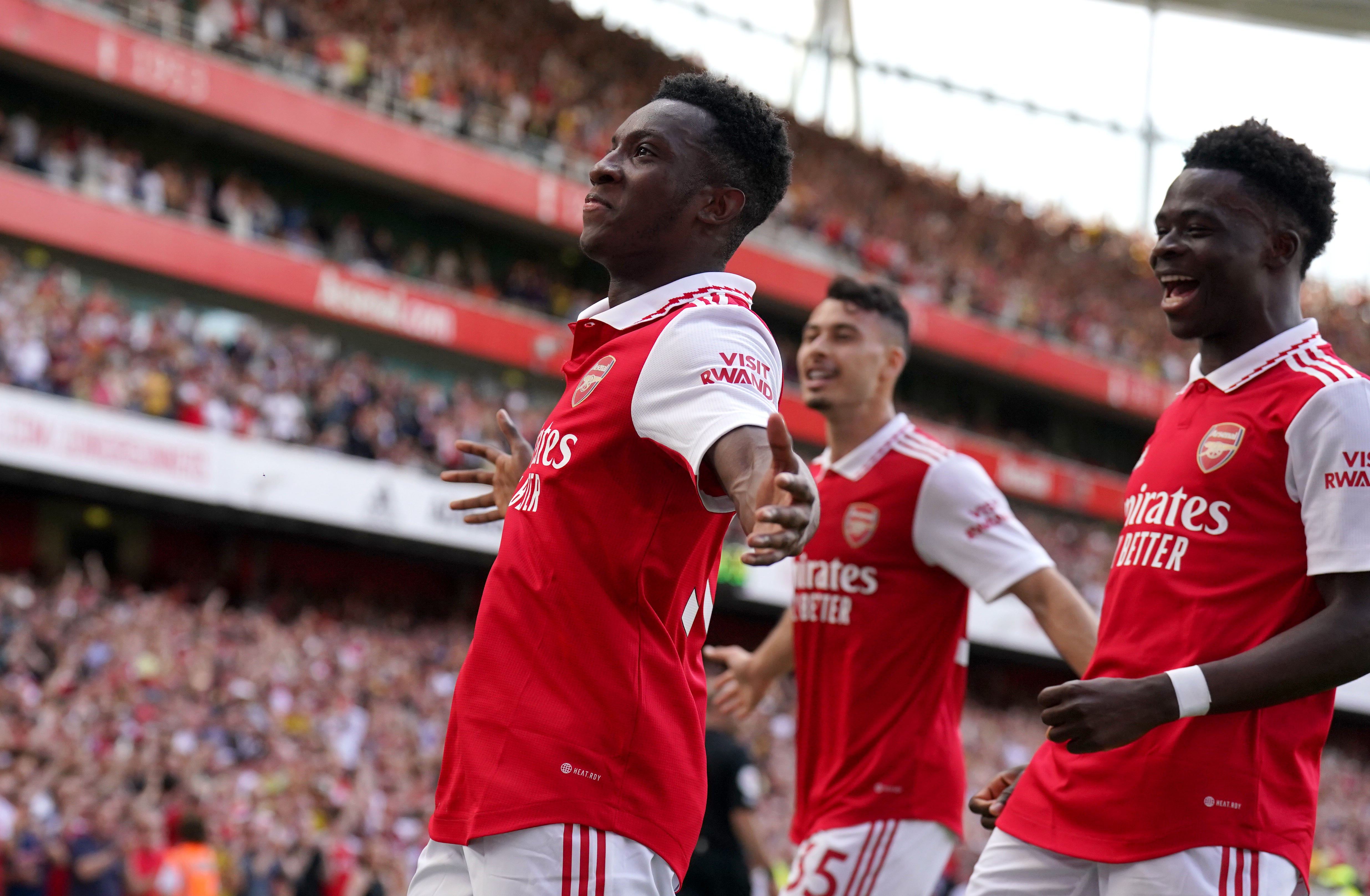 Eddie Nketiah celebrates scoring Arsenal’s second in their 5-1 win over Everton