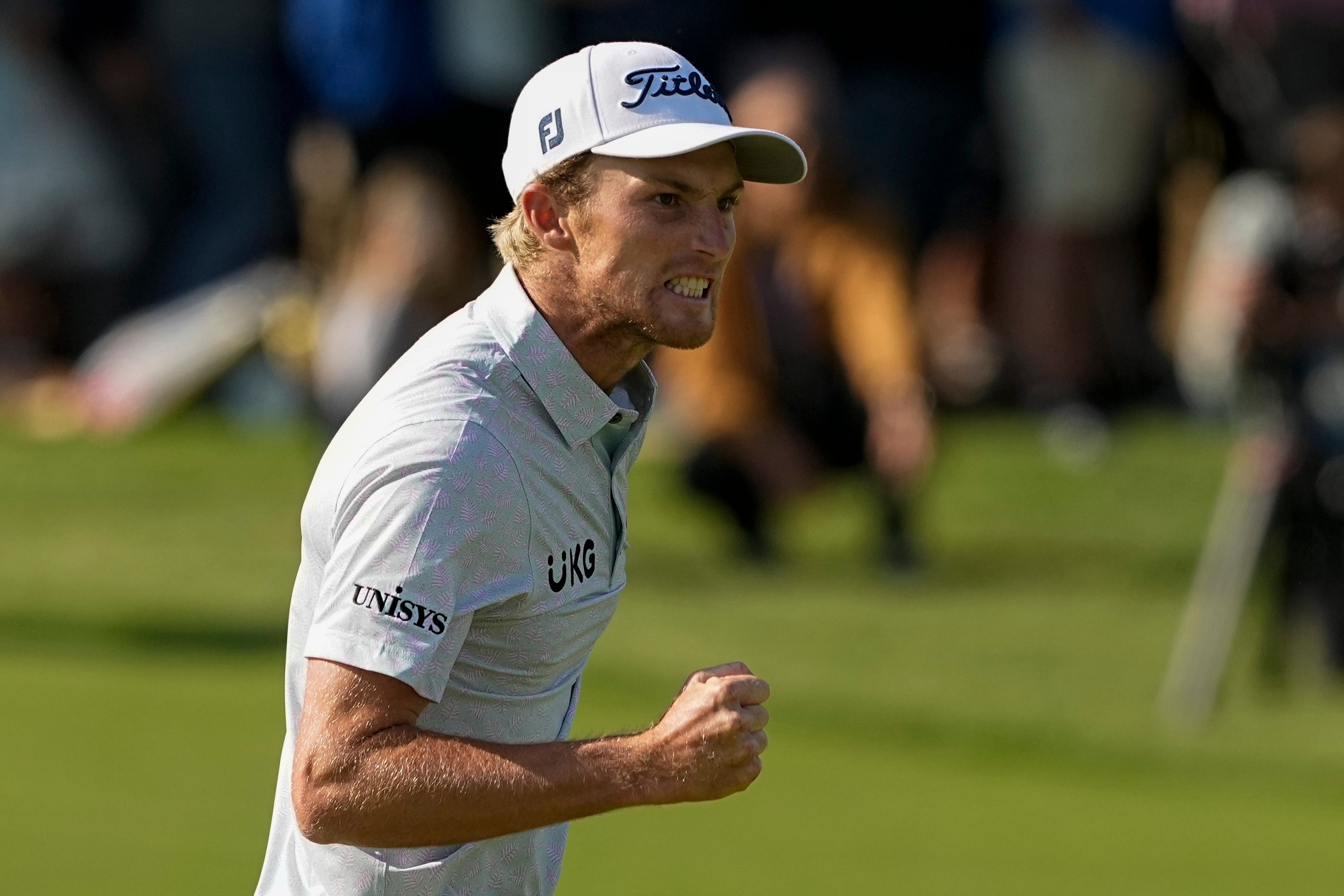 Will Zalatoris celebrates after a par save on the 18th hole during the final round of the US PGA Championship (Matt York/AP)