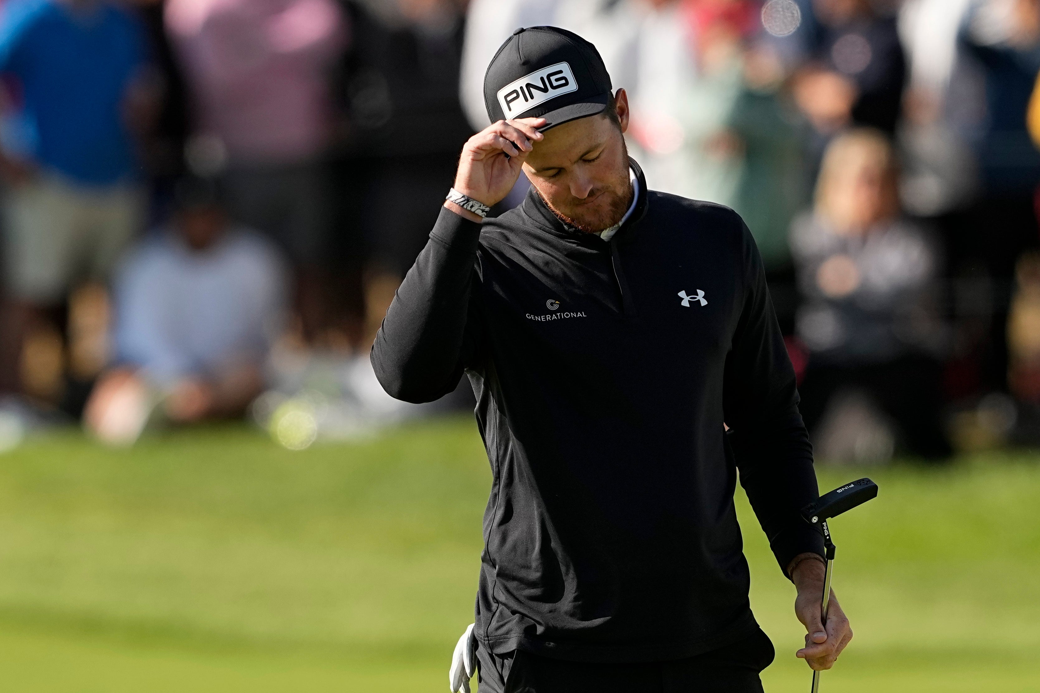 Mito Pereira leaves the 18th green after his costly double bogey in the final round of the US PGA Championship (Matt York/AP)