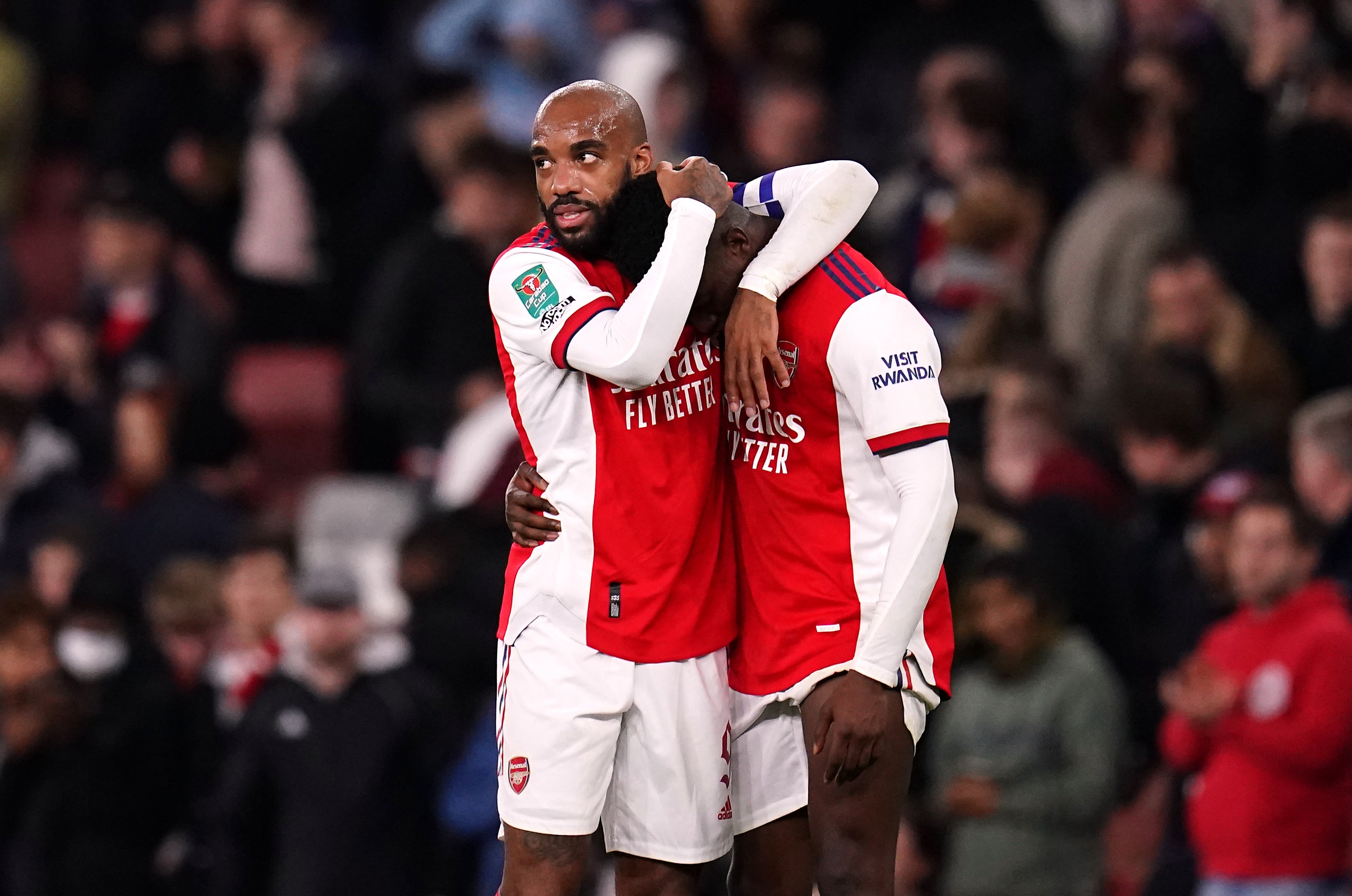 Alexandre Lacazette and Eddie Nketiah (right) are both out of contract this summer (John Walton/PA)