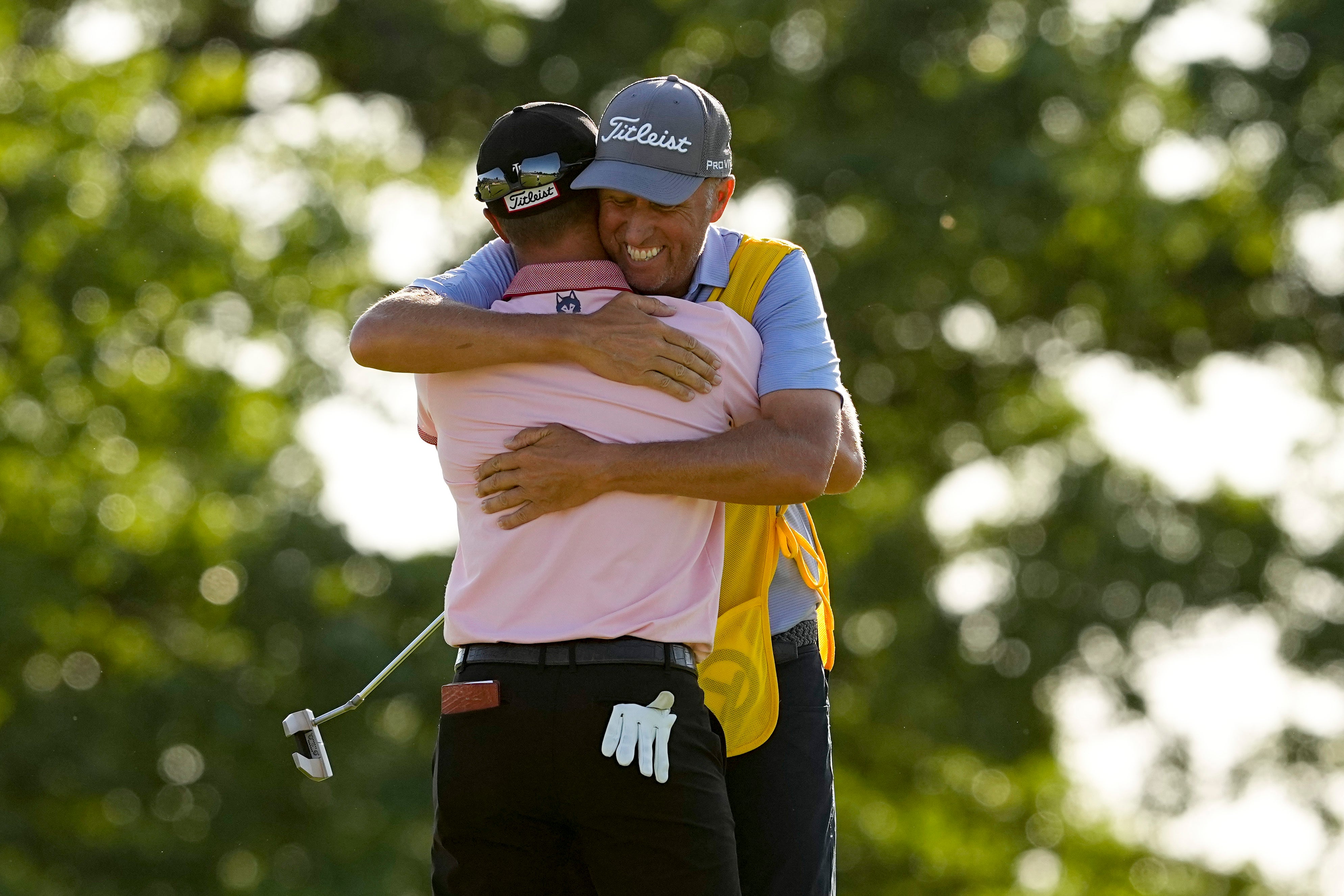 Justin Thomas celebrates with his caddie Jim “Bones” Mackay after winning the US PGA Championship (Matt York/AP)