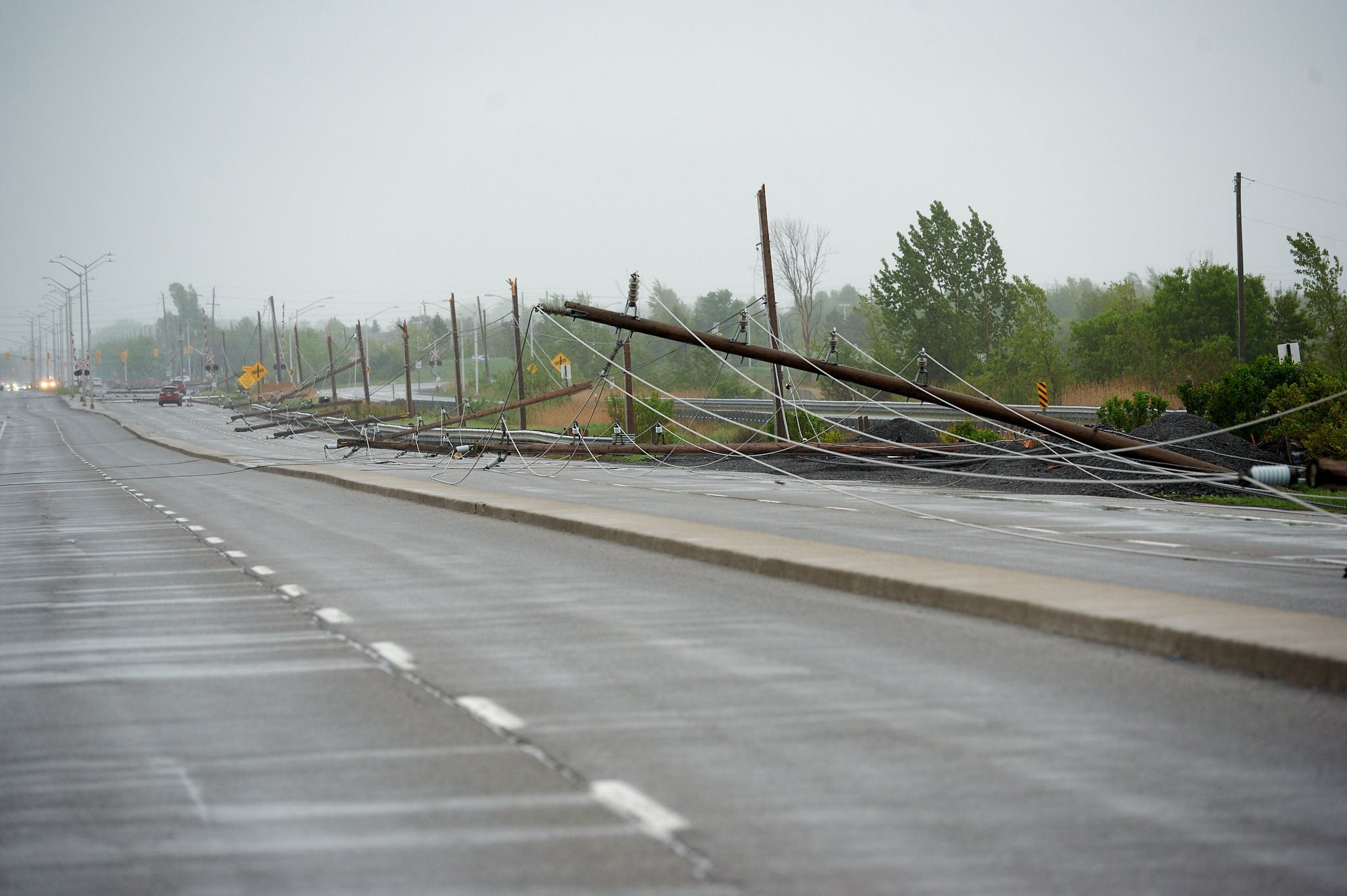 Power lines were downed as a cluster of thunderstorms struck parts of Ontario and Quebec on Saturday