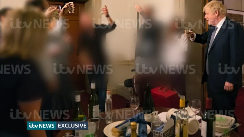 Images obtained by ITV News show Boris Johnson raising a glass at a Downing Street leaving party on 13 November 2020