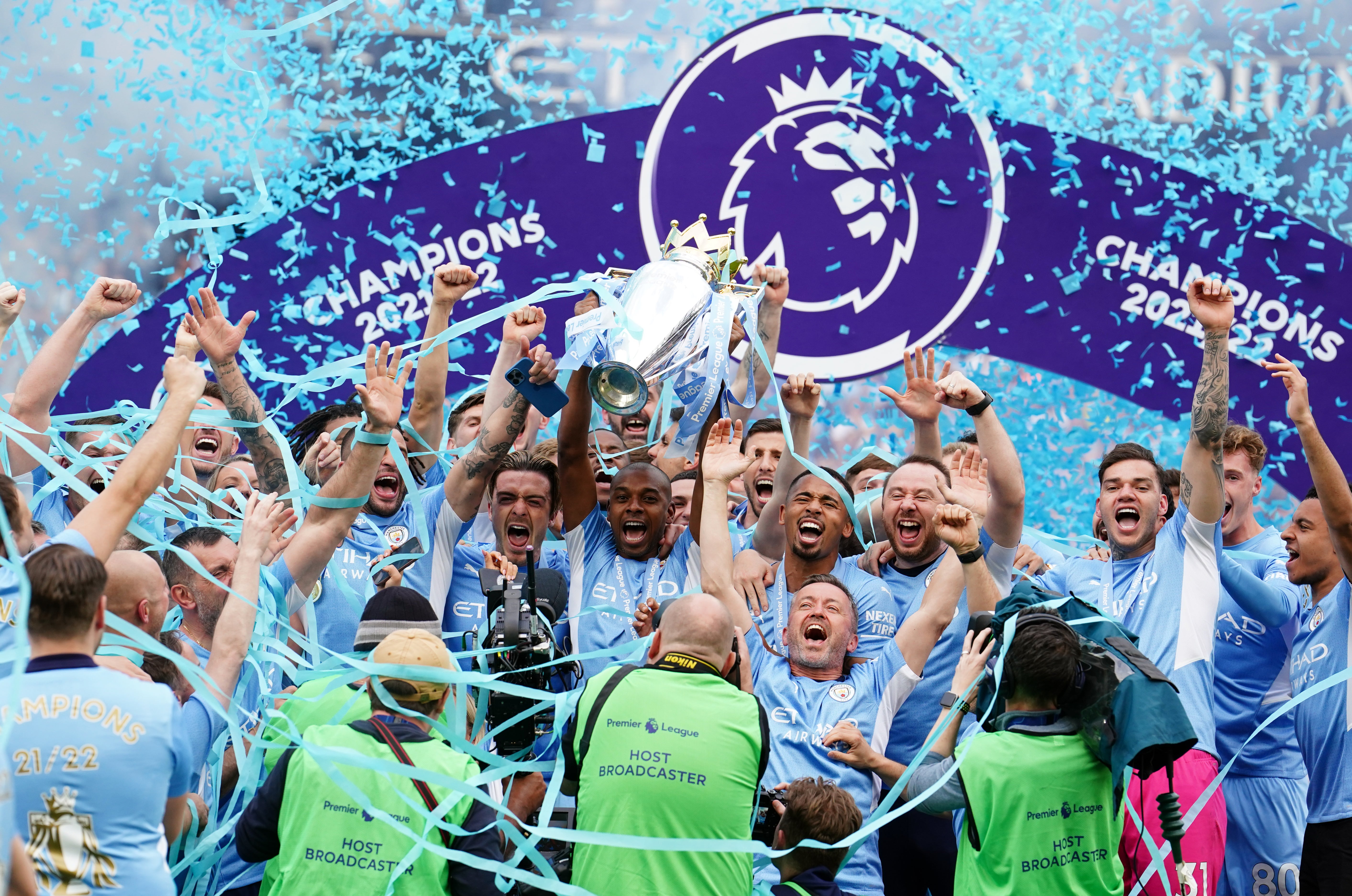 Manchester City’s players celebrate (Martin Rickett/PA)