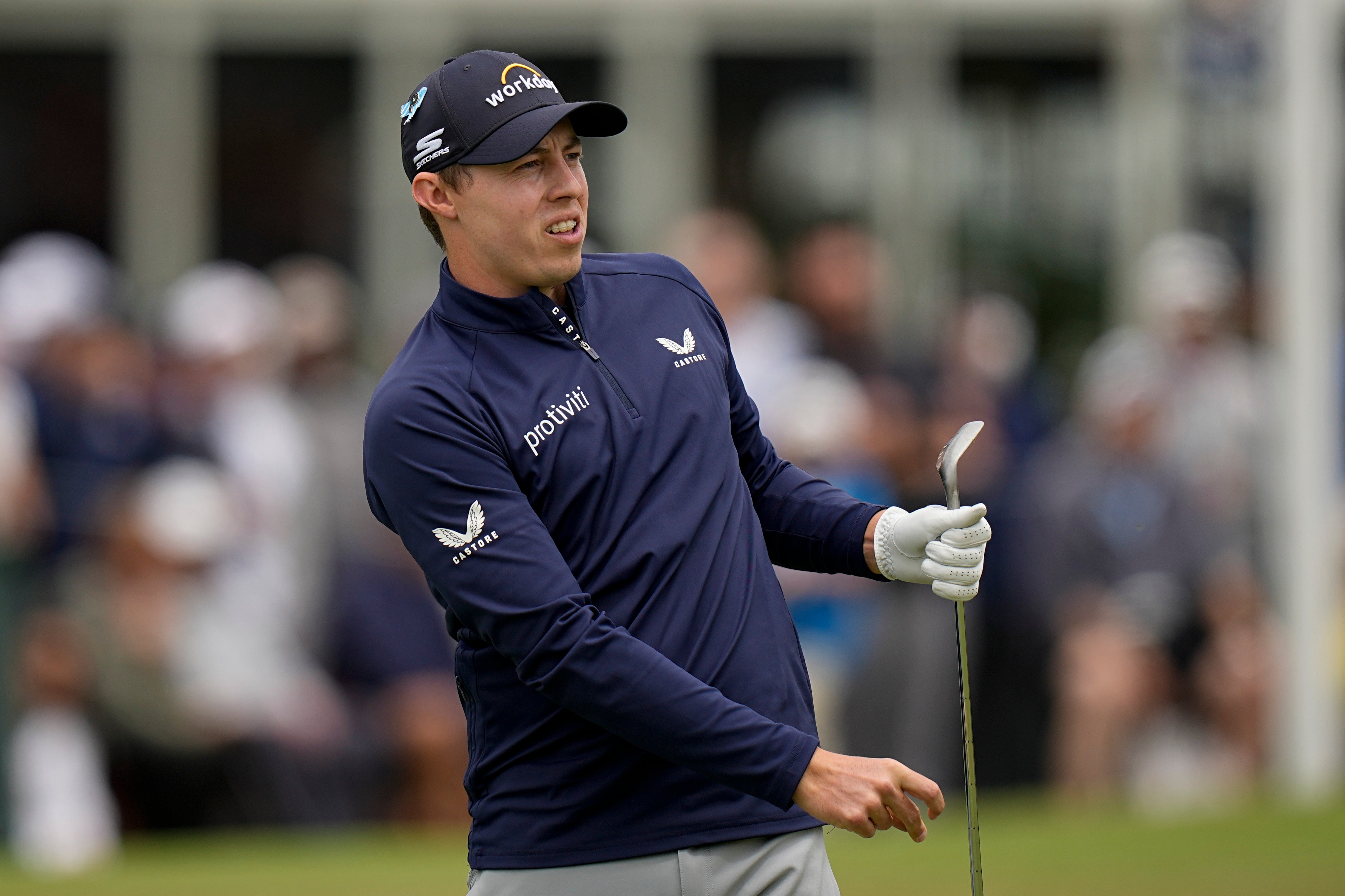 Matt Fitzpatrick chips to the green on the first hole during the final round of the US PGA Championship (Eric Gay/AP)