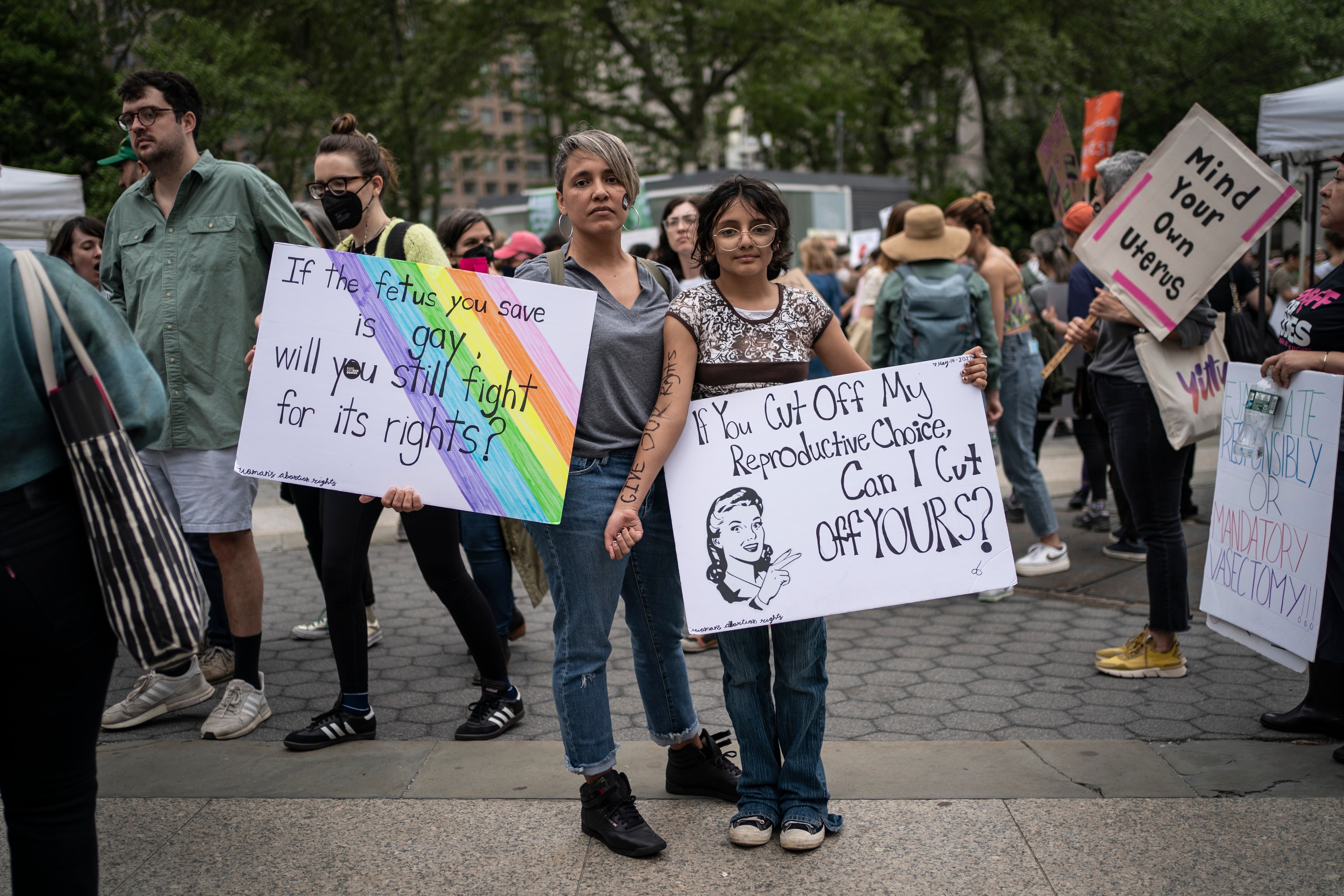 Amnet Ramos, 44, and her daughter, Inaia Hernandez, 12, at a protest in Manhattan on 14 May, where generations of women came together for a protest against the US Supreme Court's anticipated ruling overturning Roe v Wade